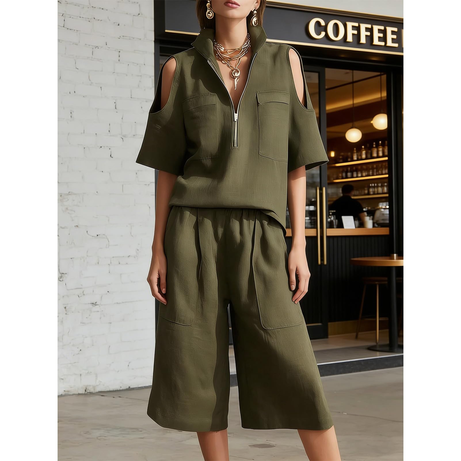 amropi Conjunto de Verano Mujer 2 Piezas Chándal Cremallera Hombros Descubiertos Camisa de manga Corta Top y Pantalones 3/4 de Pierna Ancha