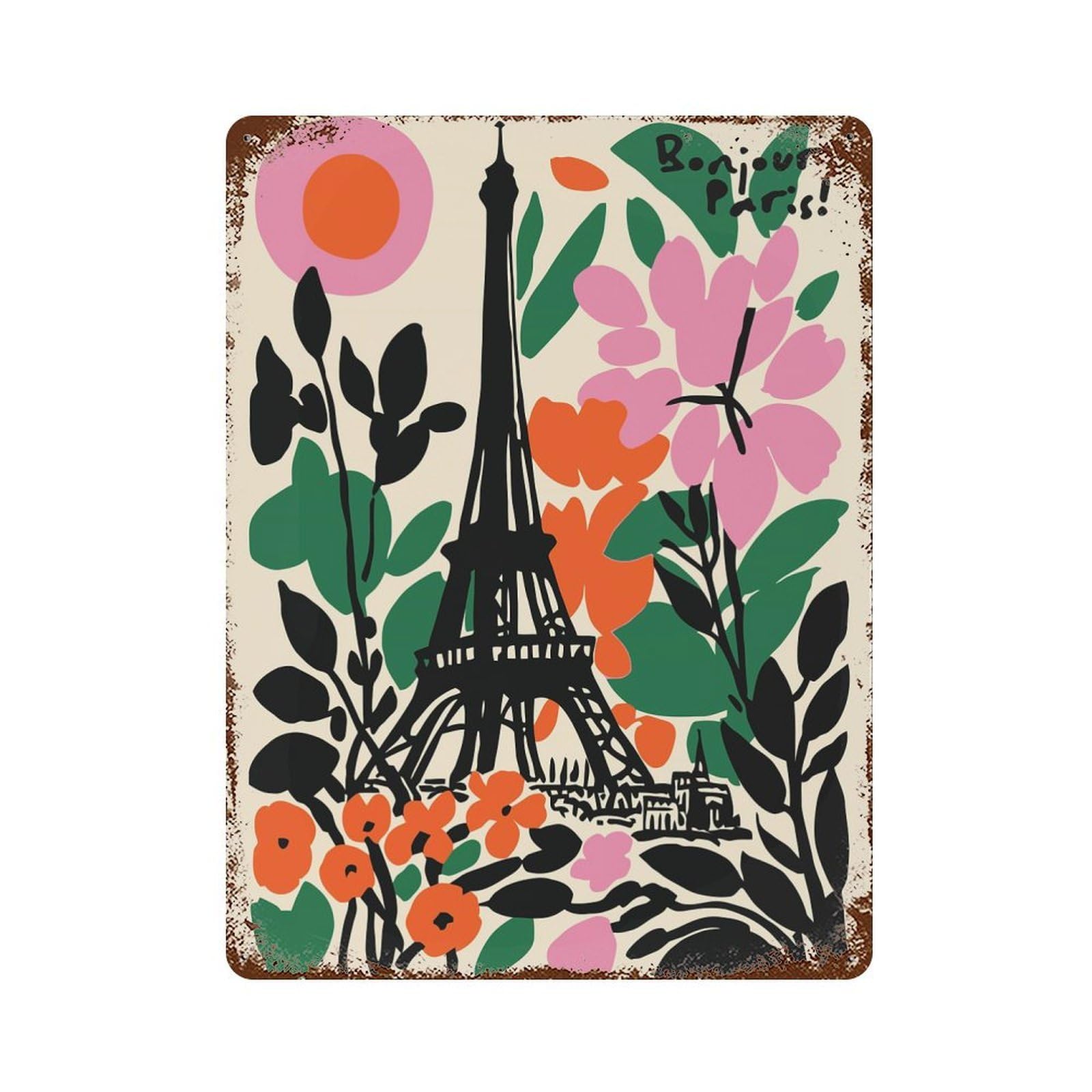 Bonjour Paris Eiffel Tower Floral Art Rustic Tin Plaque 15.7"x11.8", Industrial Home Decor for Pub, Kitchen And Man Cave Decor