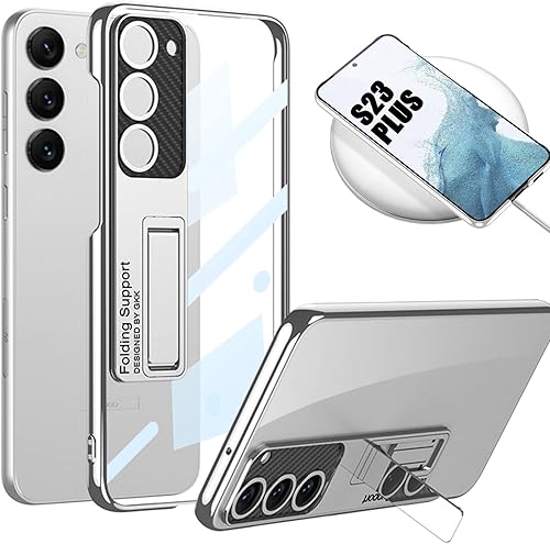 Miimall Funda transparente compatible con Samsung Galaxy S23 Plus, S23+ con soporte y marco delgado de galvanoplastia, funda protectora transparente