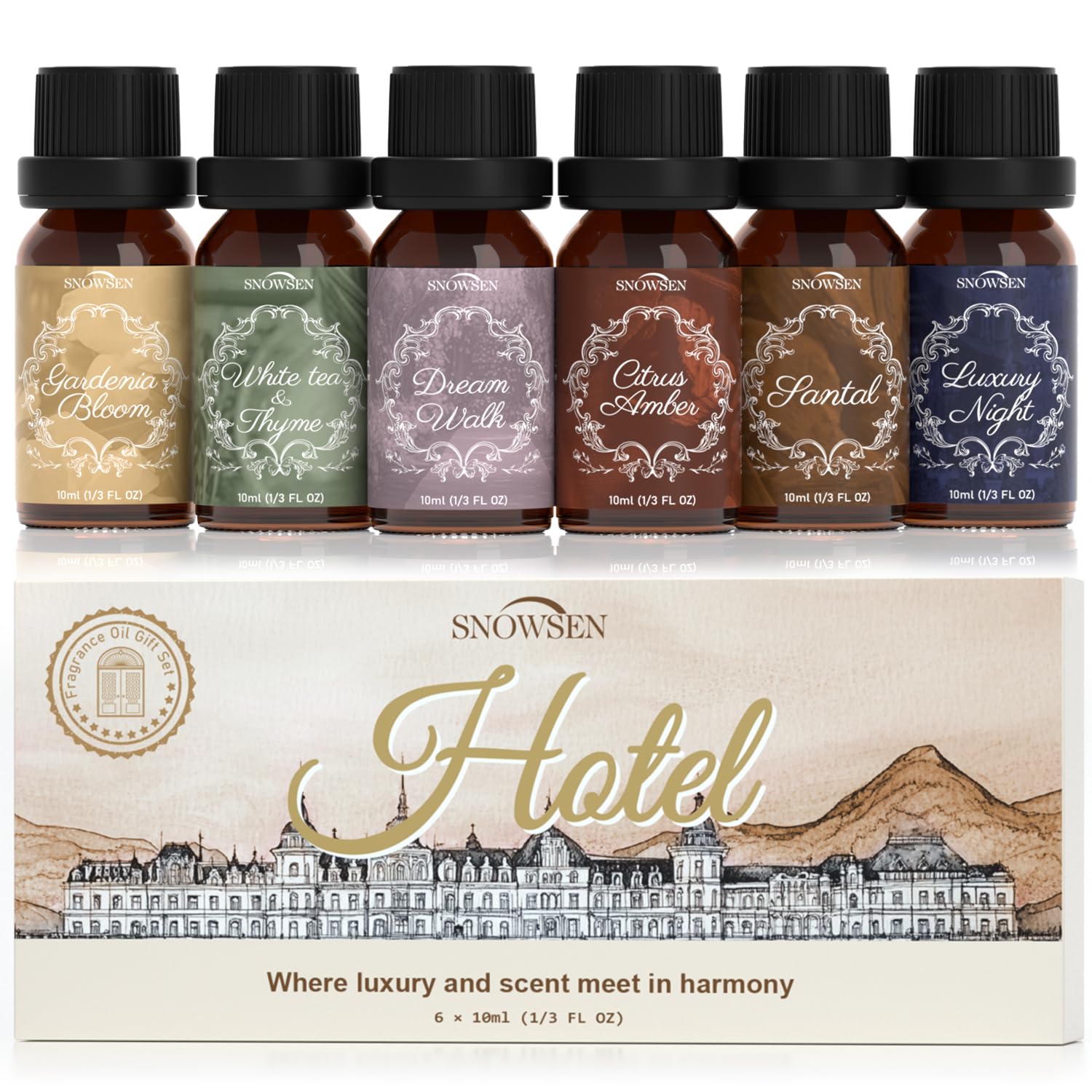 Fragrance Oils Hotel Set—Santal, Luxury Night, White Tea & Thyme, Gardenia Bloom, Dream Walk, Citrus Amber, Essential Oils for Diffuser, Candle & Soap Making, Luxury Diffuser Oils Scents