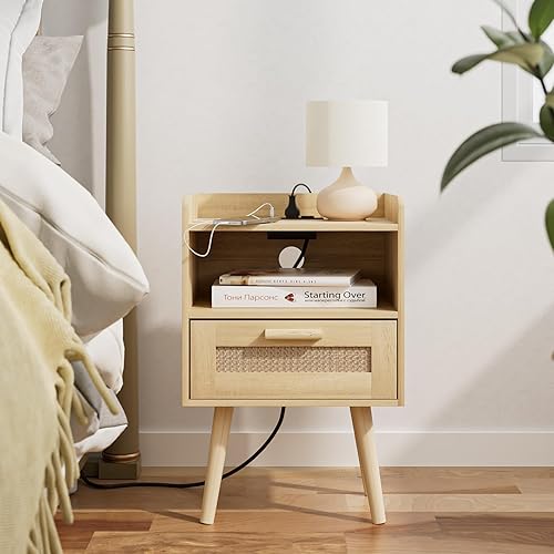 Miniatura 9 de Masupu Mesita de noche, mesita de noche pequeña con dos cajones, mesita de noche blanca, muebles de noche, mesa auxiliar moderna de mediados de