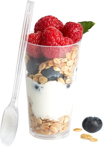 Ilyapa Vasos de postre de plástico de 3 onzas, paquete de 50 mini tazas de postre con cucharas, taza pequeña transparente reutilizable para