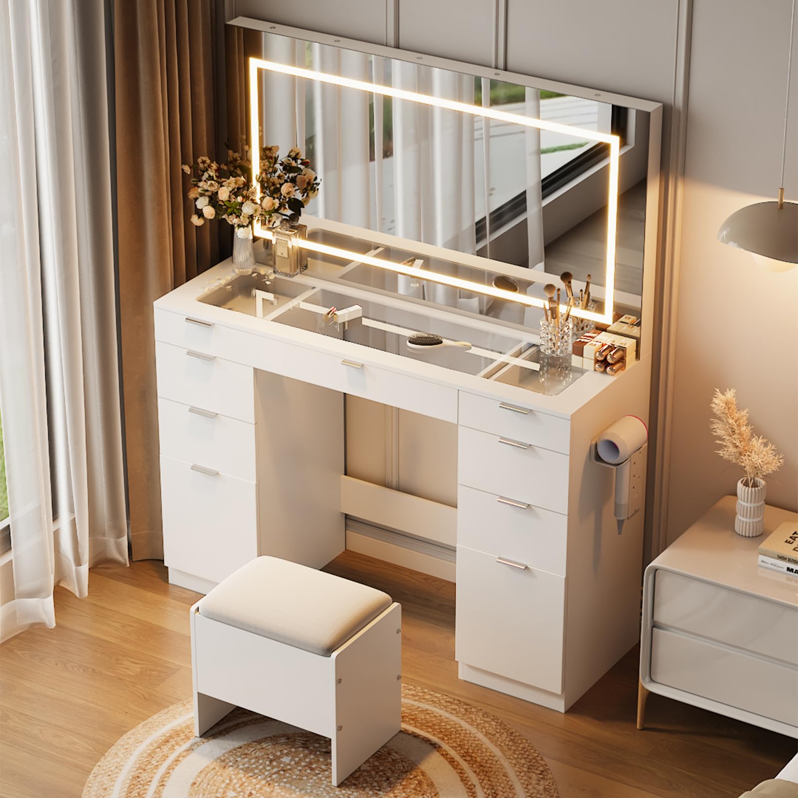 Warmiehomy Dressing Table with Large LED Adjustable Brightness Mirror and Stool Vanity Table with 9 Drawers Storage,Adhesive Hair Dryer Rack and Built-In USB Outlet White Makeup Desk(117x40x142cm) — image 1