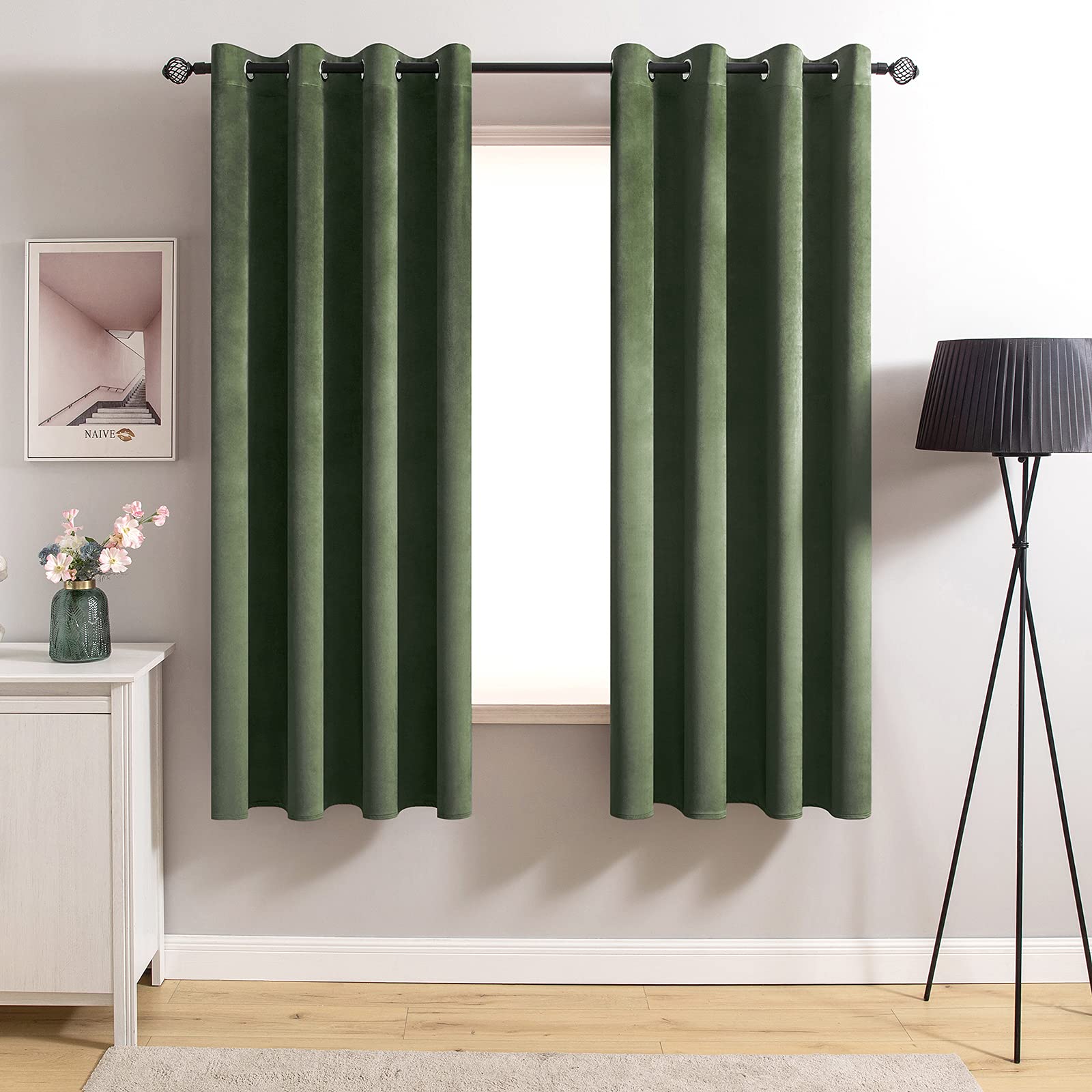 MIULEE Olive Green Velvet Curtains for Bedroom 2 Panel Set 54 Inch Drop Curtains, Soft Elegent Home Decor Velvet Curtain Living Room, Sun Blocking Room Darkening Thermal Eyelet Curtain 46x54 Inch