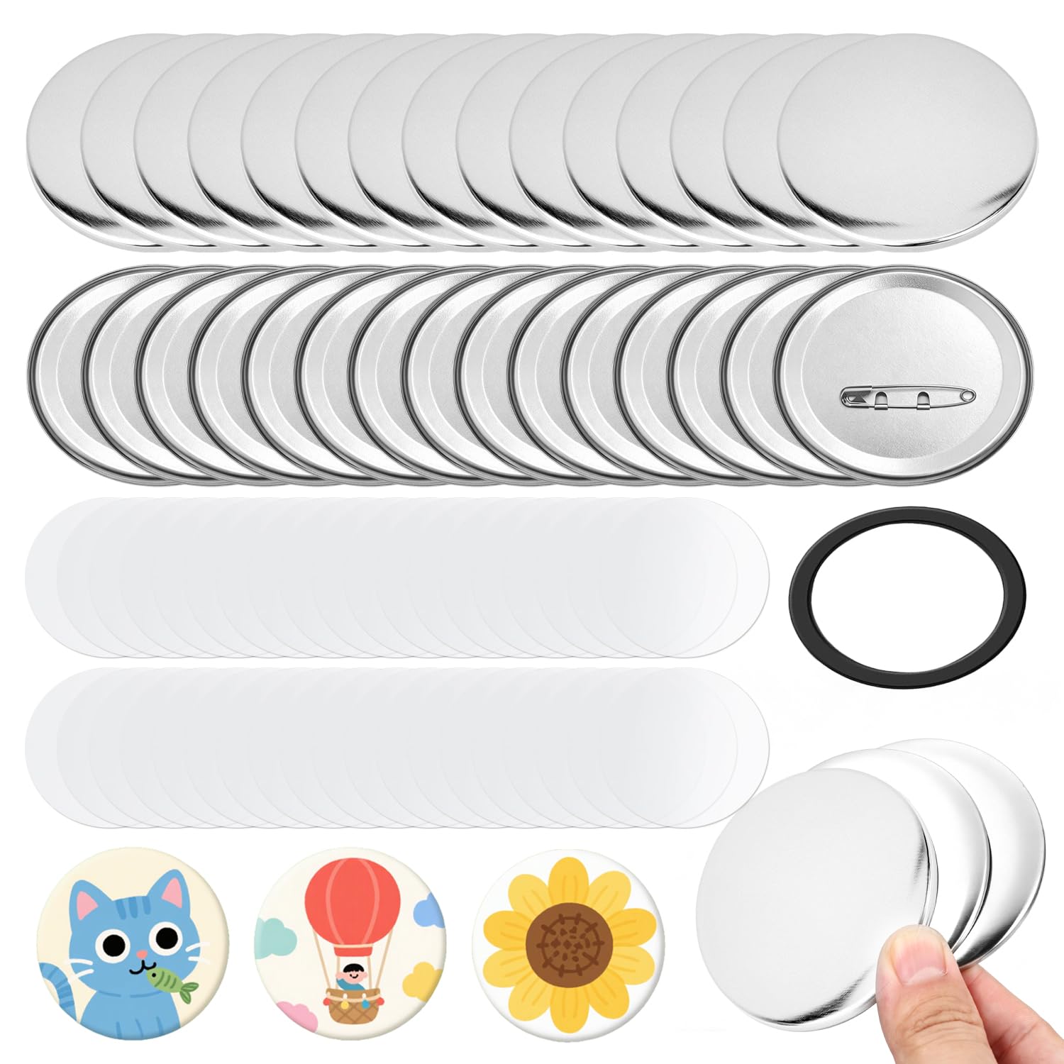 Kit 100 Vuote Creazione Bottoni grezzi da 58 mm fai da te, Spille Personalizzate, Spilla Personalizzata, Pellicola PVC e Distanziatore, Facili da Realizzare,Compatibile con Macchine per Badge 58mm