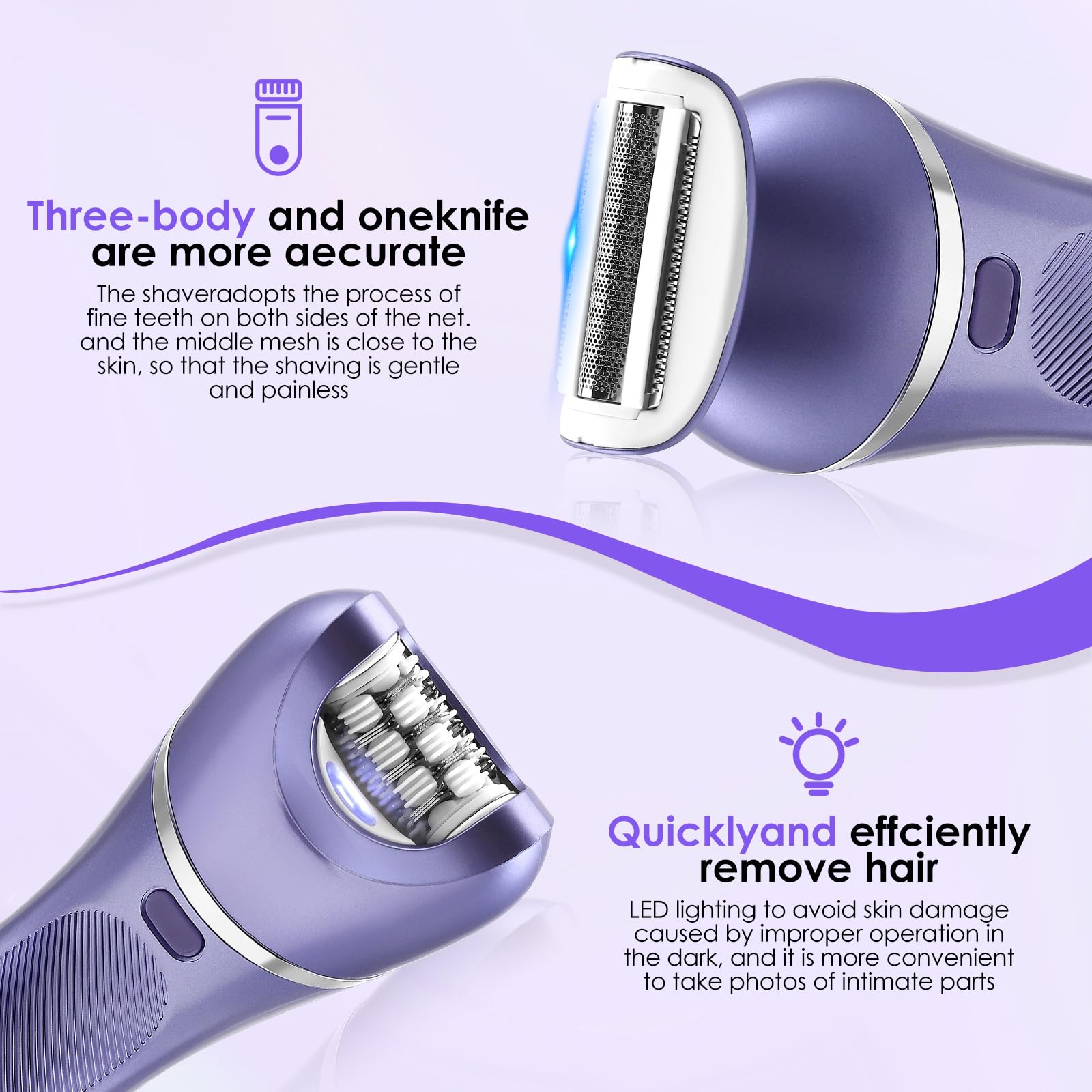 Set di epilatore 7 in 1 per donne, epilatore senza fili a umido e a secco con luce LED, epilatore per viso e corpo, impermeabile IPX7, autonomia 90 min
