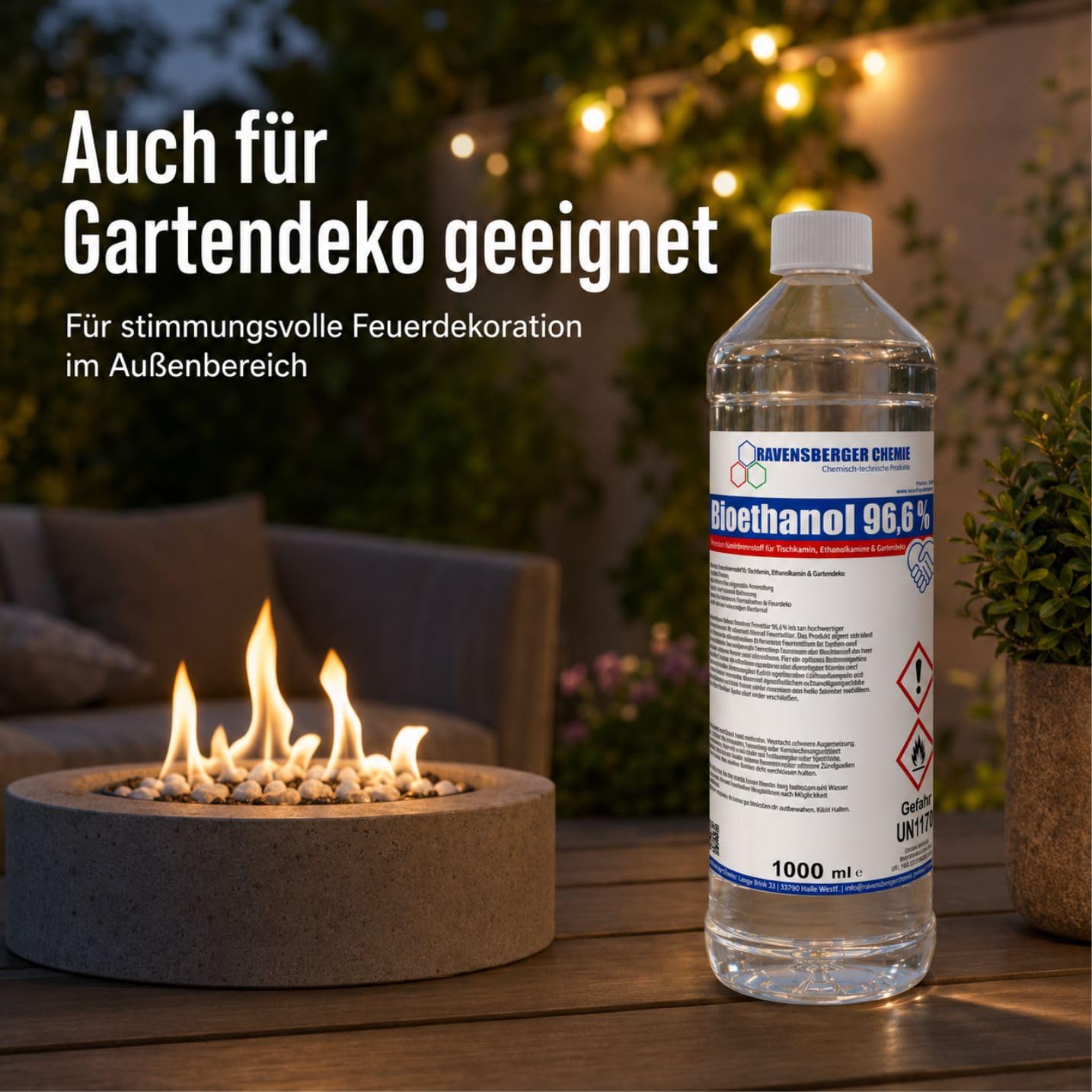 Bioethanol 96,6% - Premium Kaminbrennstoff für Tischkamin, Ethanolkamin, Gartenkamin & Dekorative Feuerstellen, Vergällter Ethanol Brennstoff, Farblos, 10 Liter