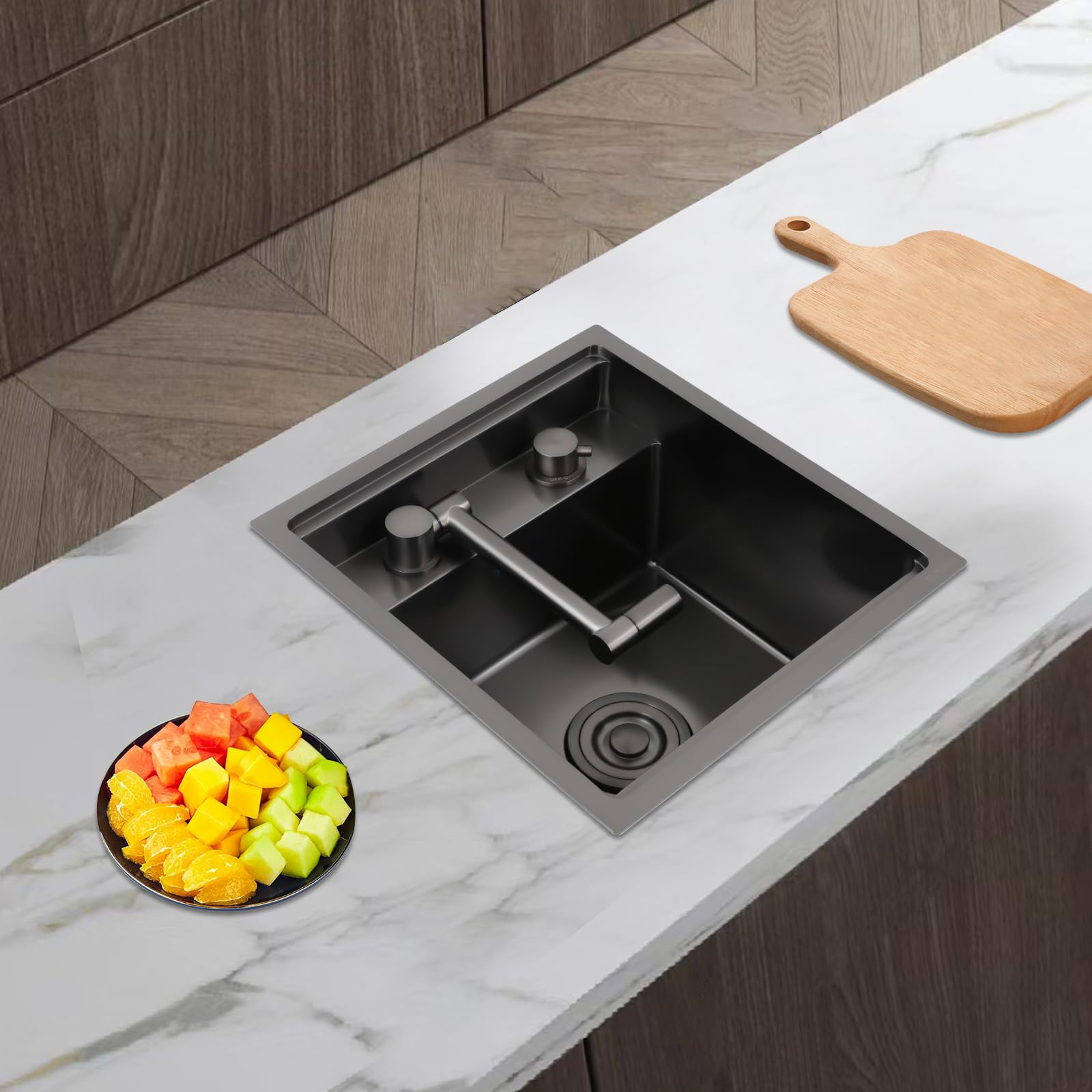 Lavabo de Cocina en Acero Inoxidable 304 con Nanocubrimiento, Fregadero de Encimera con Tapa y Grifo Cerámico, Bajo y Filtro Antiatascos para Cocinas, Bares y Cafeterías, 43x39x23 cm, Negro