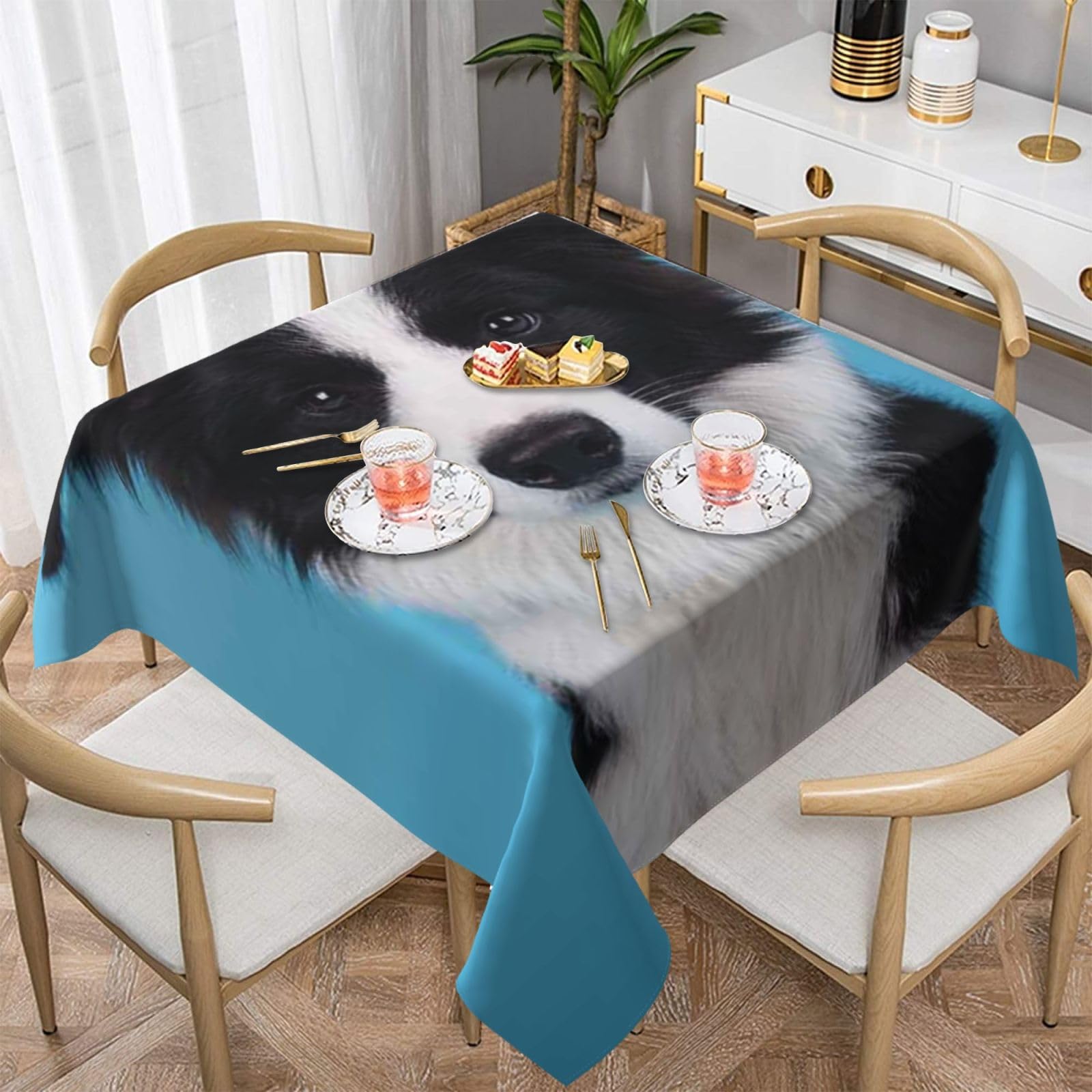 DCEHGEW Border Collie Prints Square Tablecloth 152x152 CM, Waterproof Fabric Table Cloth for Dining Table, Farmhouse Table Cover for Kitchen Dining Tabletop Decoration