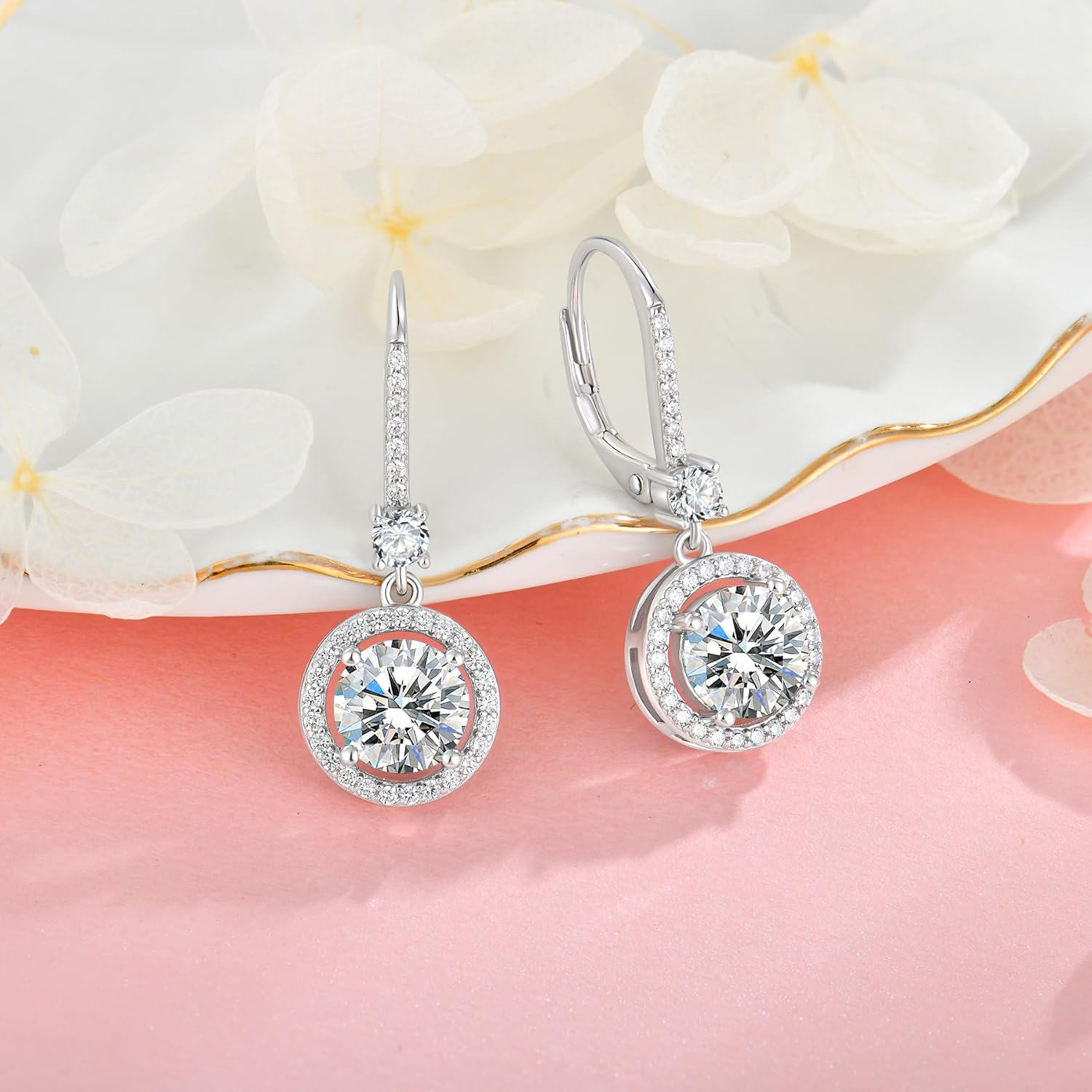 Round Dangle Drop Leveback Earrings for Women, 925 Sterling Silver 5A Cubic Zirconia Ruond Birthstone Earrings for Hypoallergenic Jewelry Gifts for Her - Image 3