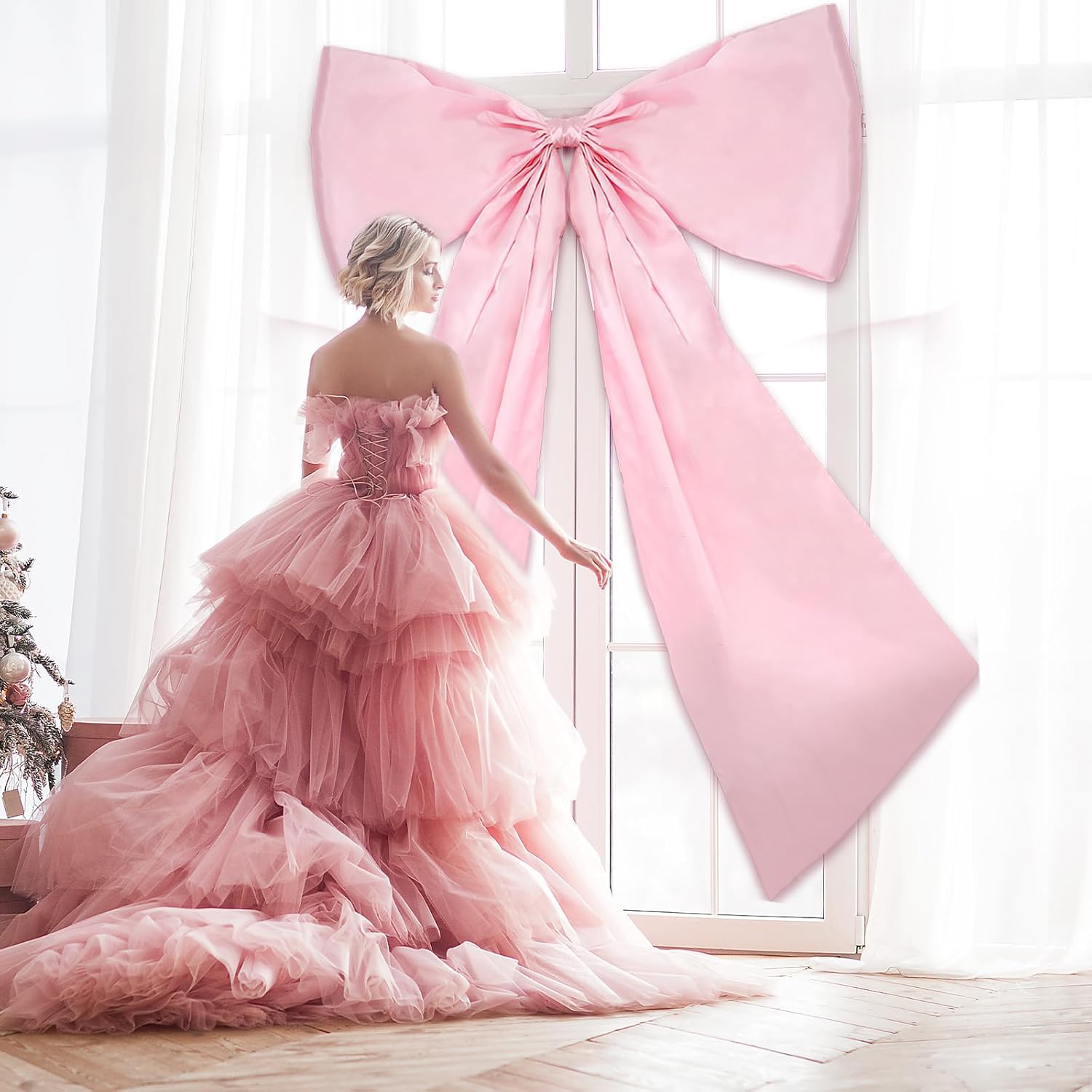 JarThenaAMCS Valentine's Day Extra Large Satin Ribbon Bow Hanging Big Pink Bow for Coquette Birthday Bachelorette Wedding Mirror Party Home Door Fireplace Tree Arch Window Wall Decoration,72 x 39 Inch