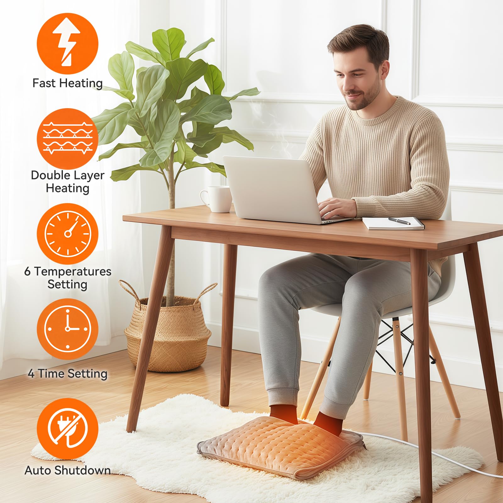 Qoosea Scaldapiedi Elettrico con Cerniera - 6 Livelli Temperatura, 4 Timer, Sicurezza - Lavabile in Lavatrice per Casa, Ufficio, Piedi Freddi e Artrite