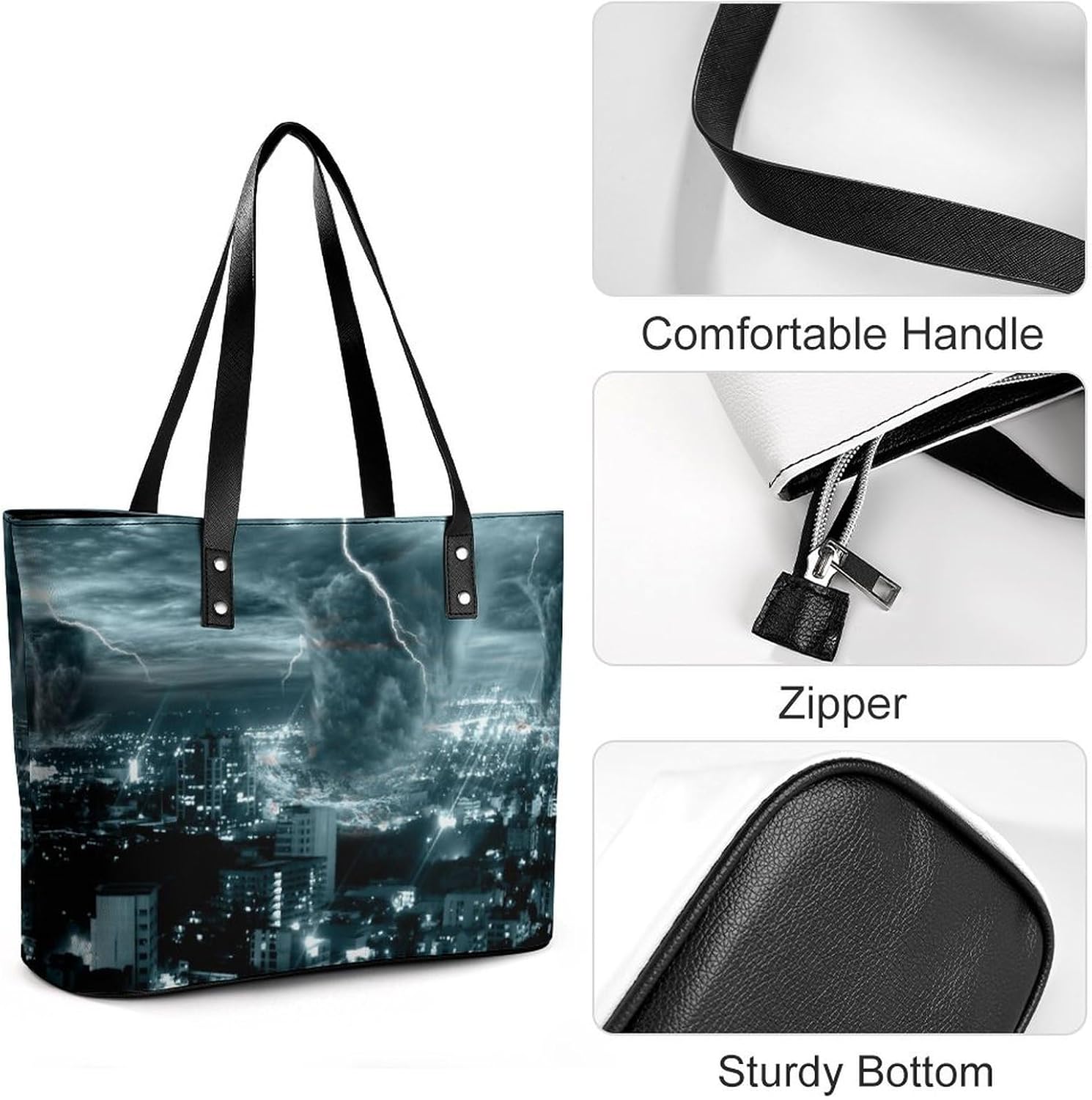 Chicago City Tornado Storm Weather Pattern Large Capacity Leather Handbag, Stylish Handheld Shopping Bag