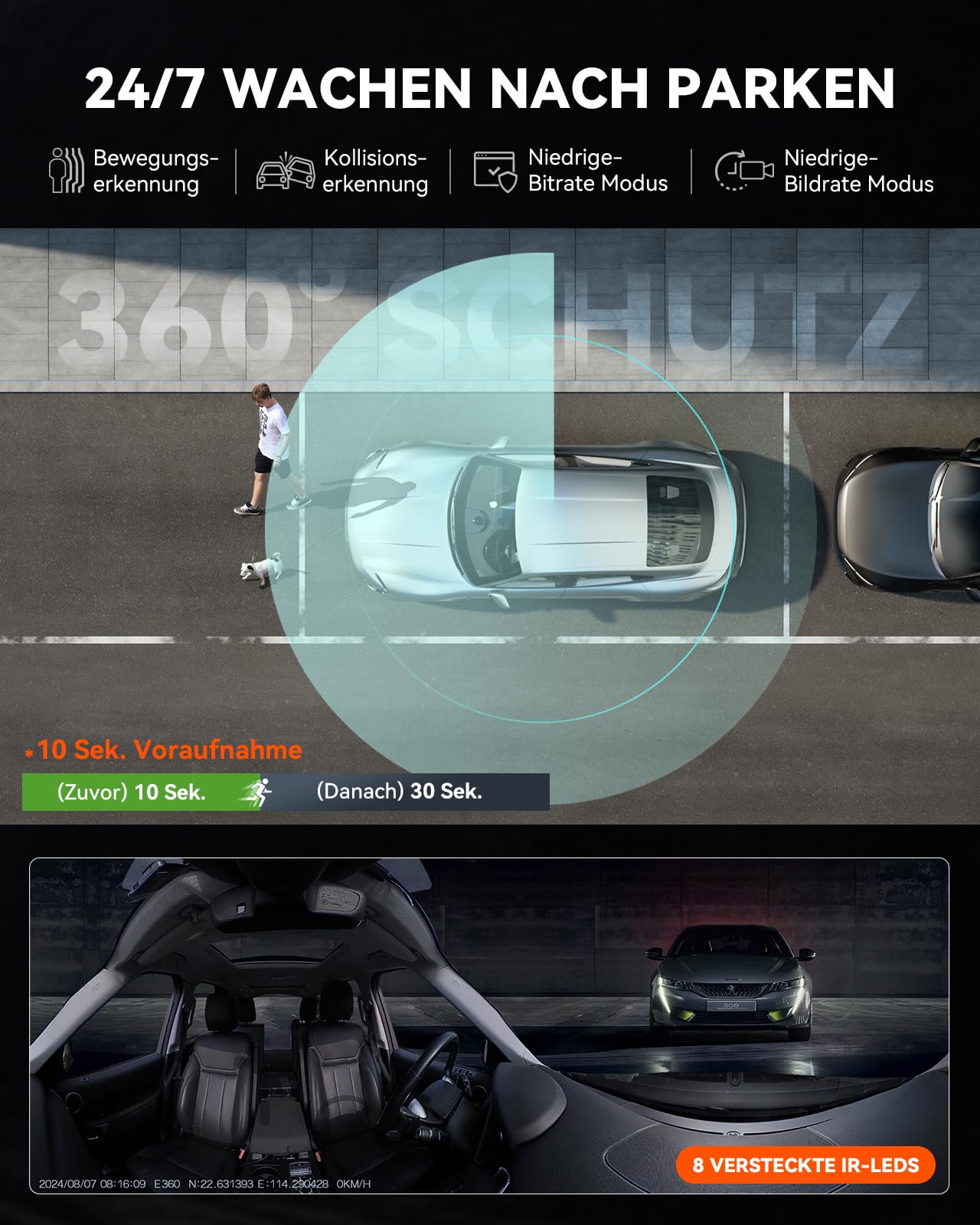 VANTRUE E360 Panorama Dashcam Auto Vorne Innen, 1.54″ Touchscreen | Dual STARVIS 2 HDR Dash Cam, 360° Parküberwachung mit WiFi App, GPS, max. 1TB Erweiterbar (Heckkamera/Tragehalterung)