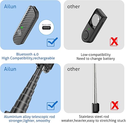 Miniatura 6 de Ailun Trípode para selfie, aluminio extensible, 3 en 1, control remoto inalámbrico Bluetooth y soporte de rotación 360 para iPhone