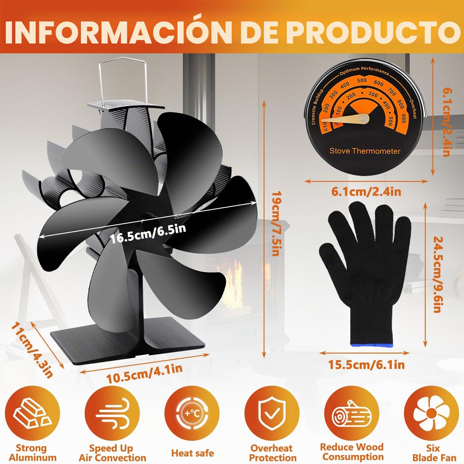 Ventilador de chimenea,Ventilador de estufa de 6 palas,con termómetro magnético y Guantes,Circulación de Aire Caliente,Ventilador no eléctrico,para leña/leña/chimenea para estufas de leña.