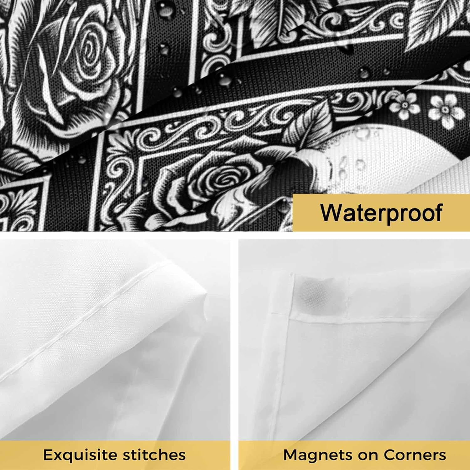 Gray Skulls No Hook Shower Curtain with Snap in Liner Abstract Baroque Dark Rose Rustic Plants Farmhouse Shower Curtain for Bathroom, Fabric Waterproof Inner Liner with Mesh Top Window, 72x78