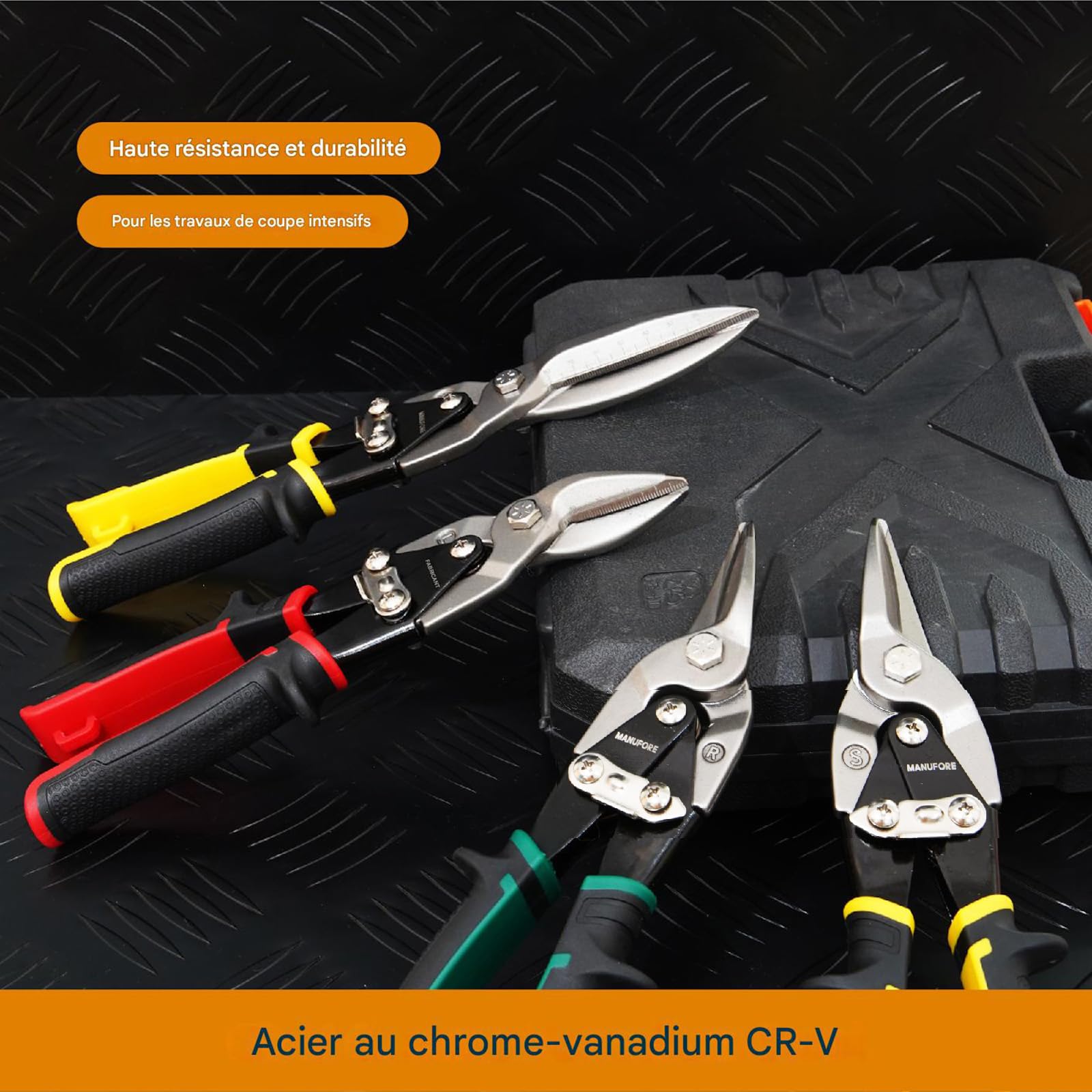 MANUFORE Cisaille Aviation 10 Pouces Set 3 Pièces, Coupe Gauche, Droite & Droite, Acier Chrome Vanadium CR-V pour Découpe de Tôle et Métal