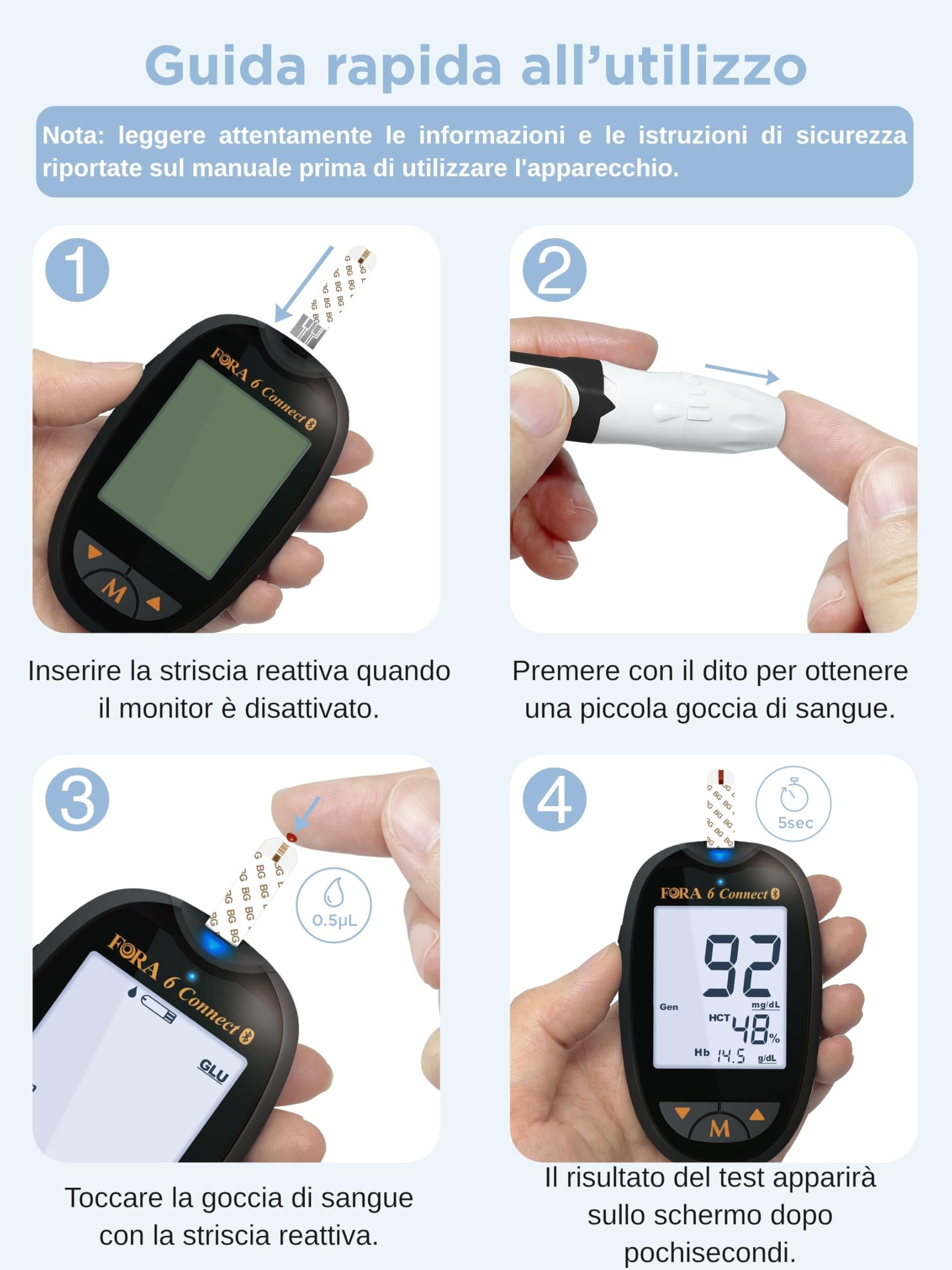 Kit FORA 6 Connect (mg/dl) con 50 Strisce 3-in-1 (Glicemia, Ematocrito, Emoglobina)