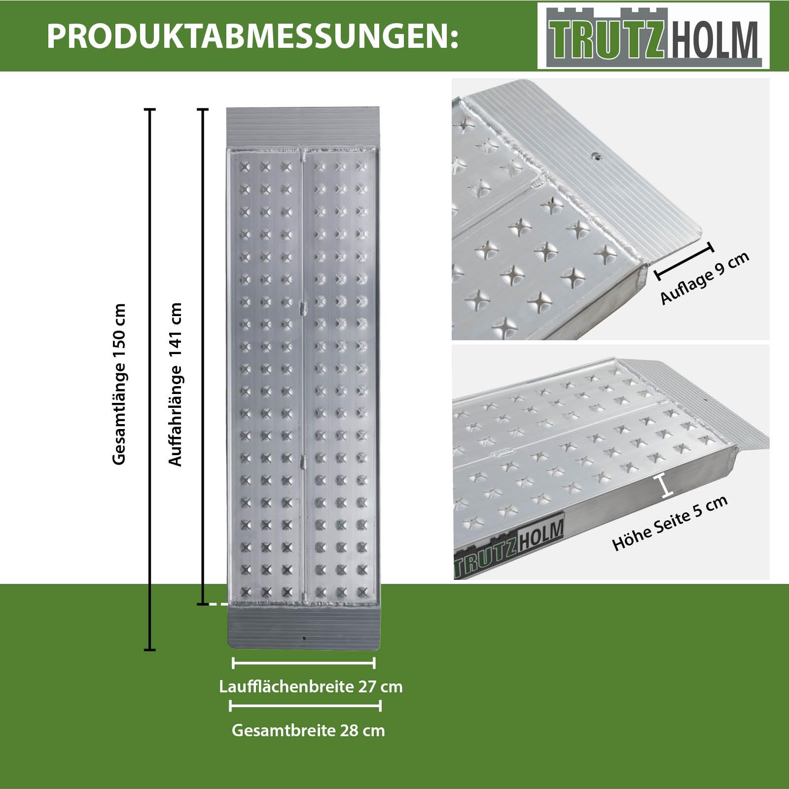TRUTZHOLM 1x Auffahrrampe Aluminium Gesamtlänge 150 cm Breite 28 cm Traglast 270 kg gelochte rutschfeste Lauffläche Verladerampe Motorradrampe Verladehilfe Rampe für Motorrad Mofa E-Bike Fahrrad
