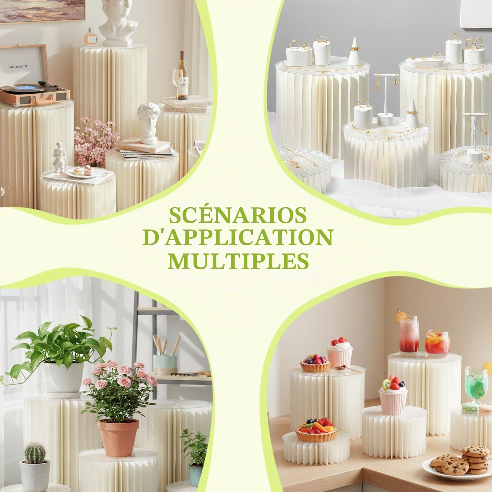 4 Plateaux à Gâteaux Pliables en Carton - avec 4 Plateaux Ronds en PVC (Hauteurs 10 cm & 20 cm) - Présentoir à Desserts pour Buffet, Mariage, Anniversaire, Cupcakes