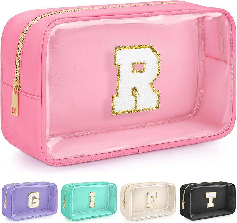 Necessaire de maquiagem WELIDAY com zíper e patch de chenille com letra R, rosa