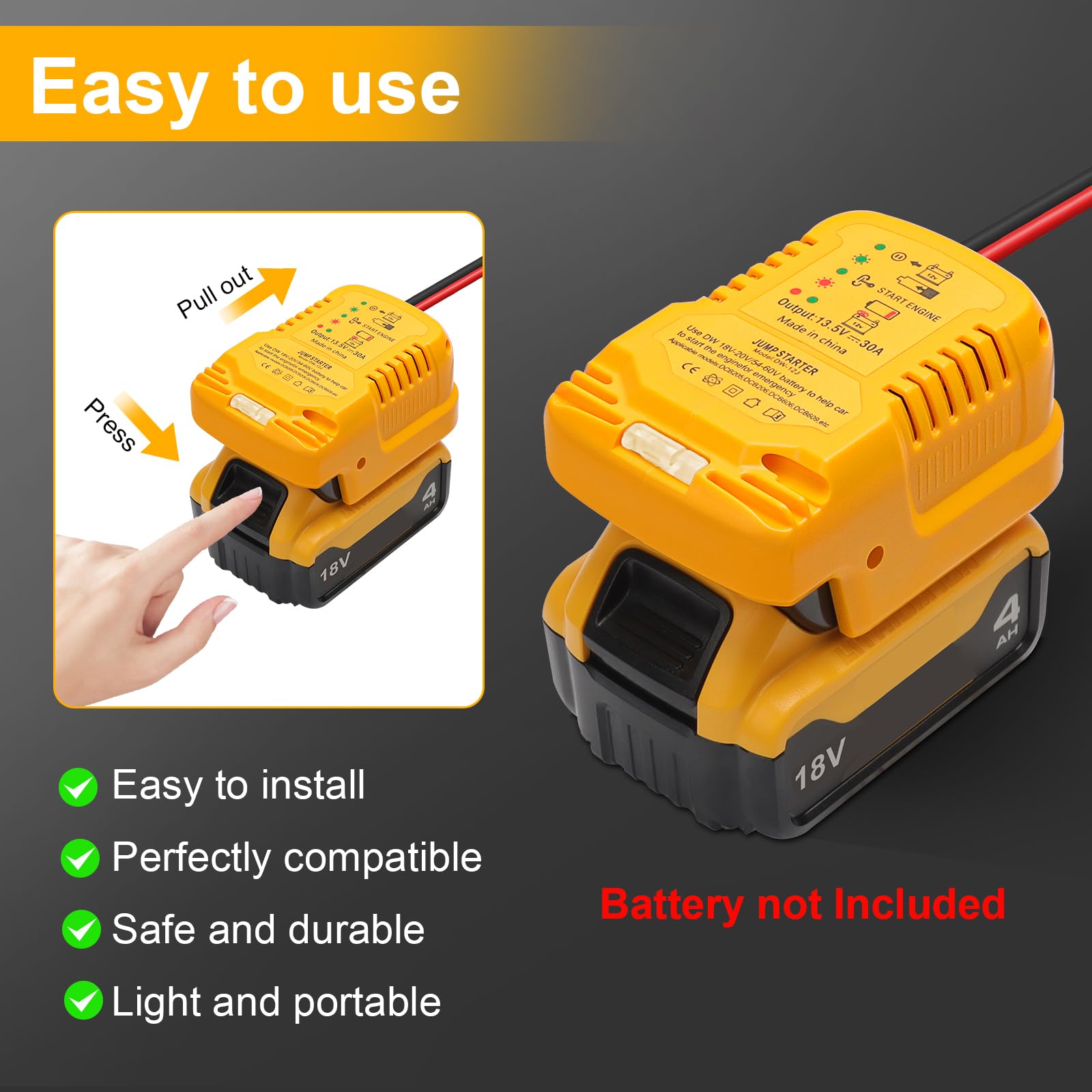 Trade-Shop Auto Starthulp Compatibel Met Dewalt 18V Accu - Draagbare Startkabel Adapter