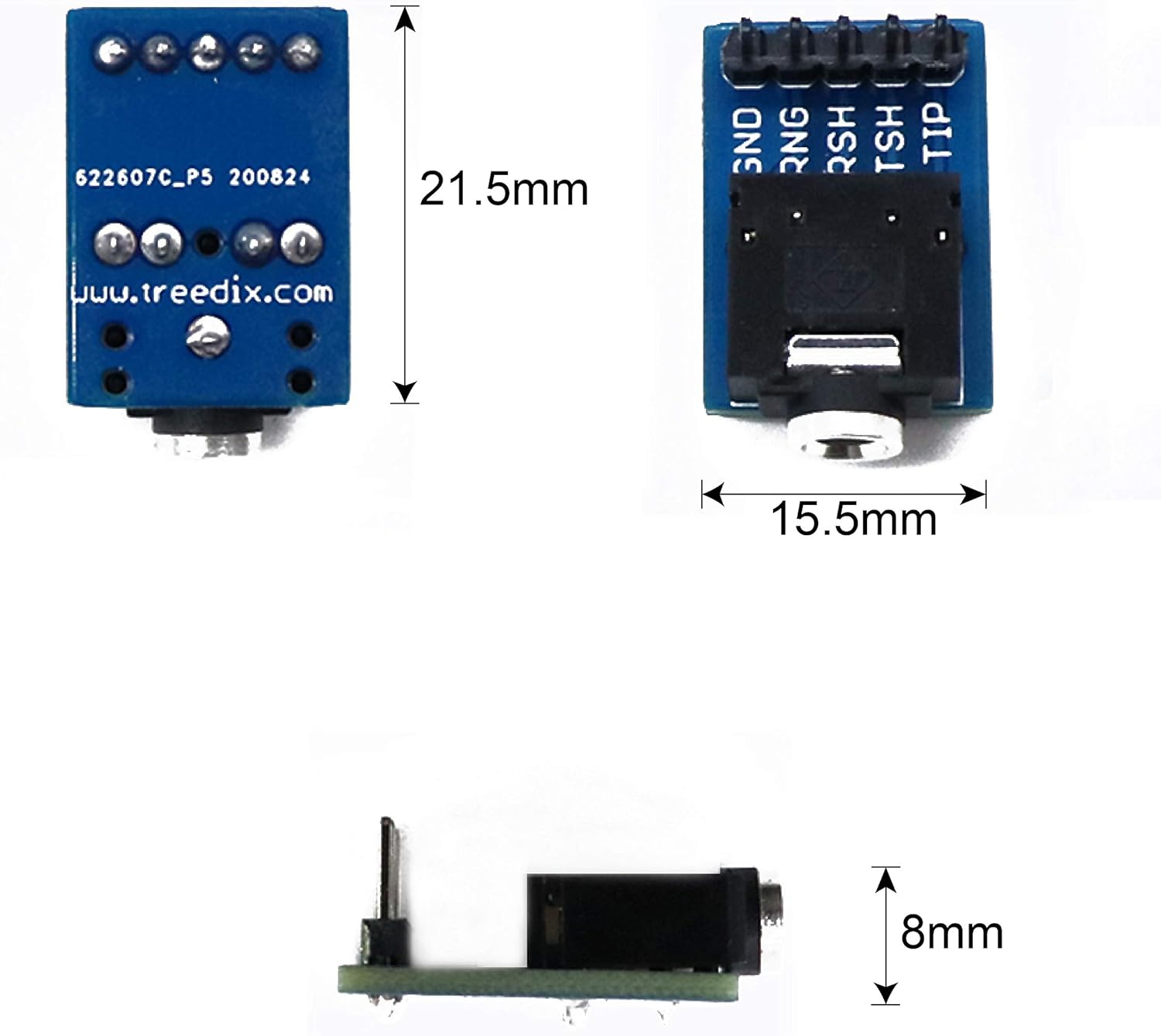 Diagram showing the dimensions of the assembled breakout board: 21.5mm length, 15.5mm width, and 8mm height.