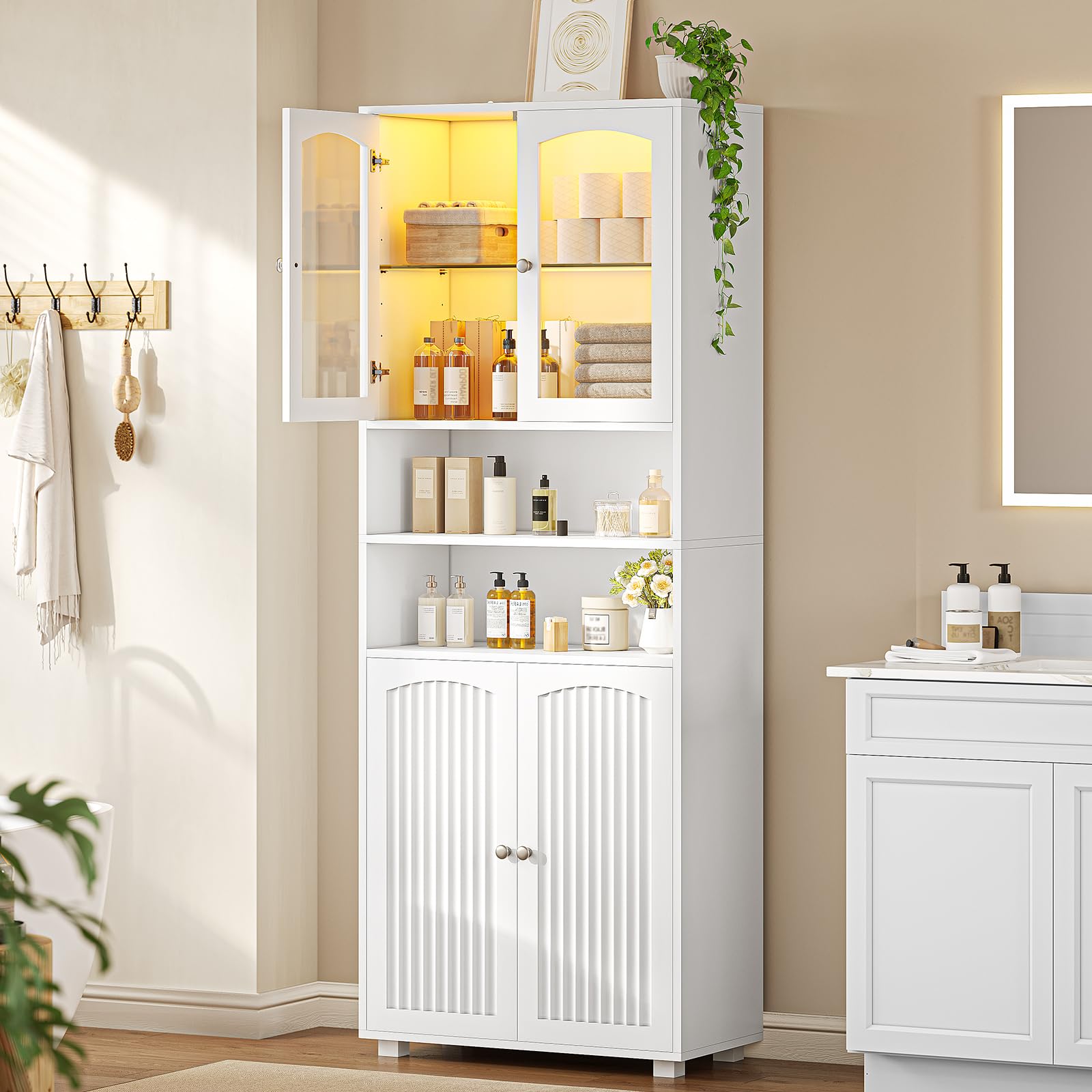 Meuble Colonne Salle de Bain avec Éclairage LED, Armoire de Rangement avec 2 Étagères Réglables, 2 Porte en Verre, Gain de Place, Armoire Haute pour Salon Cuisine, 60 x 29.5 x 179 cm, Blanc