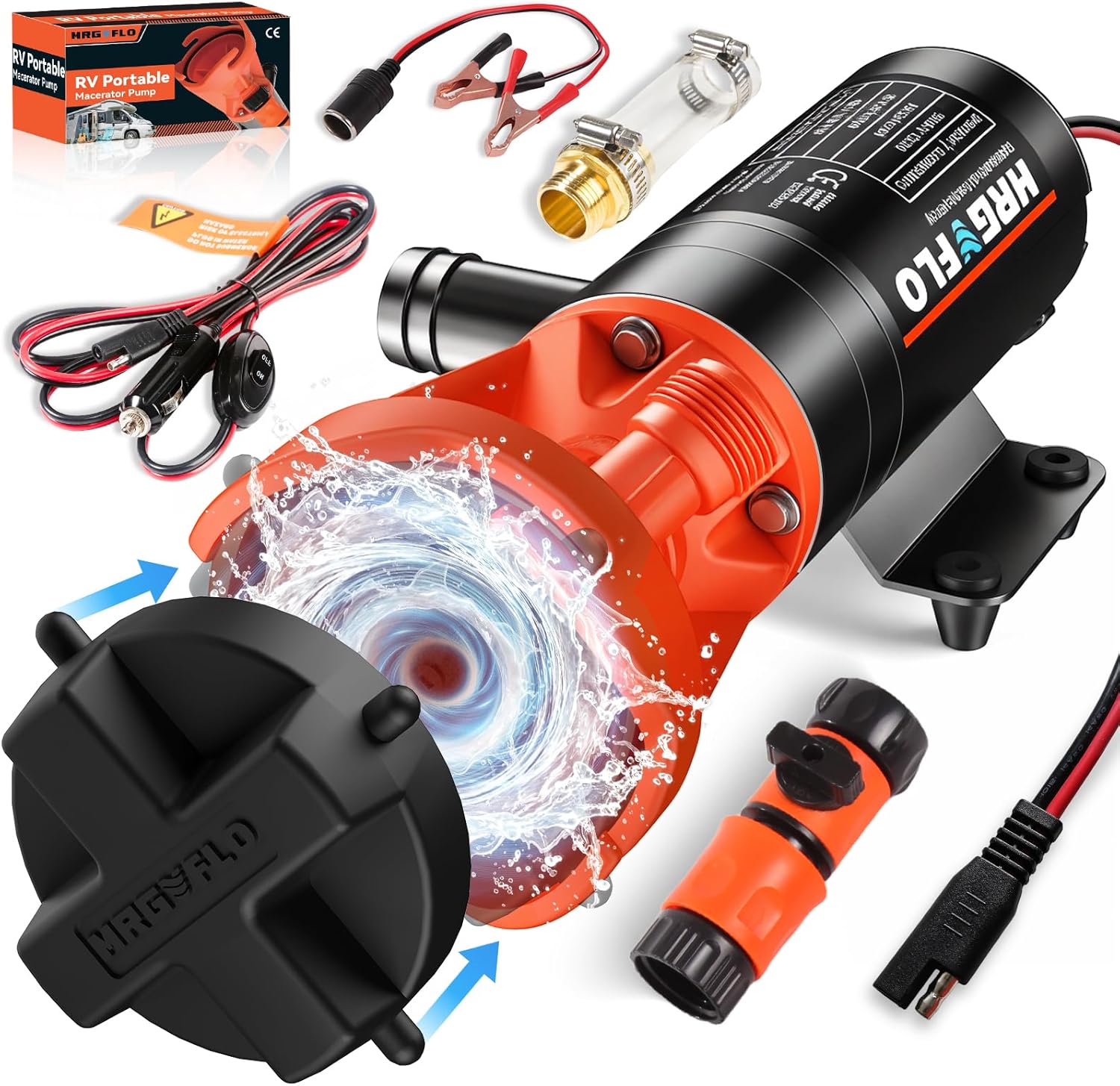 RV Macerator Pump 12V,Portable Macerator Waste Pump,12GPM Suction 3.2 feet Lift 10 feet with Garden Hose Discharge Port,Quick Release Sewage Pump with Fresh Water Rinse and Manual Crushing Function.