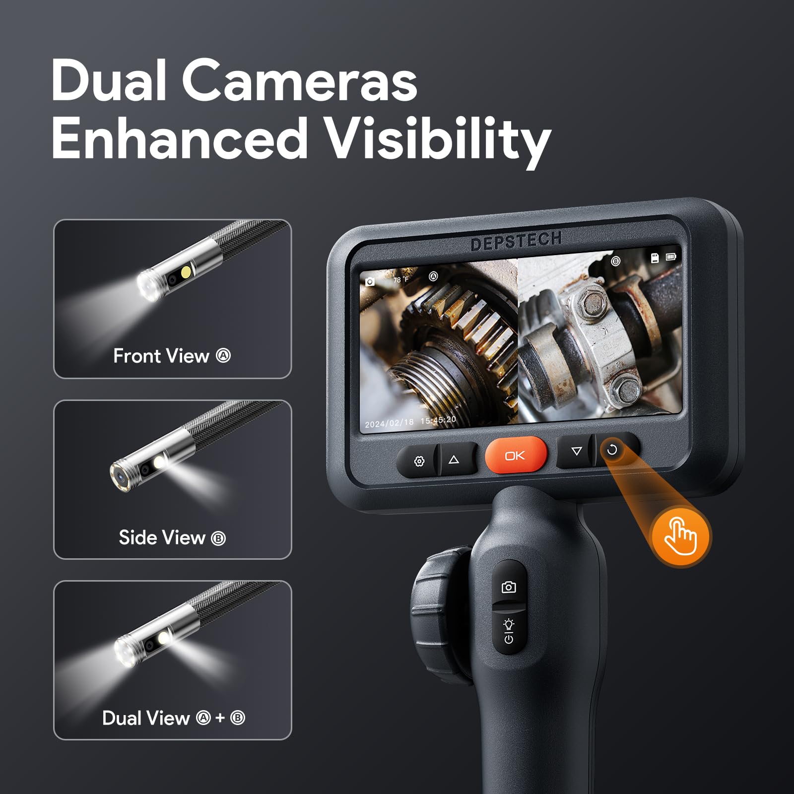 DEPSTECH Dual Lens Endoskopkamera mit Licht, 8,5mm Endoskop Beweglicher Kopf, 210° Drehbar Inspektionskamera, 1080P Rohrkamera, IP67 Flexible Kanalkamera Endoskop Kamera Kfz Werkzeug-3m