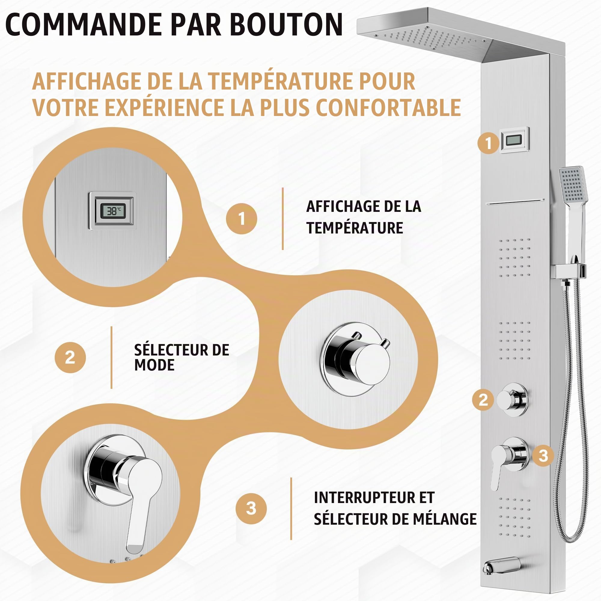 Colonne de Douche Hydromassante STANEW,Affichage LED la Température,Robinet 5 Fonctions,Pluie, Cascade,Massage, Bec de Baignoire et Pomme de Douche avec Tuyau,Acier Inoxydable Brossé 1100 mm (Gris)