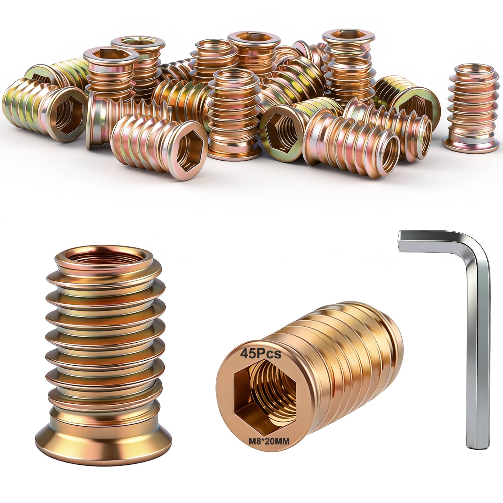45 Pcs M8 Threaded Inserts for Wood M8x20mm Hex Drive Threaded Nut Inserts