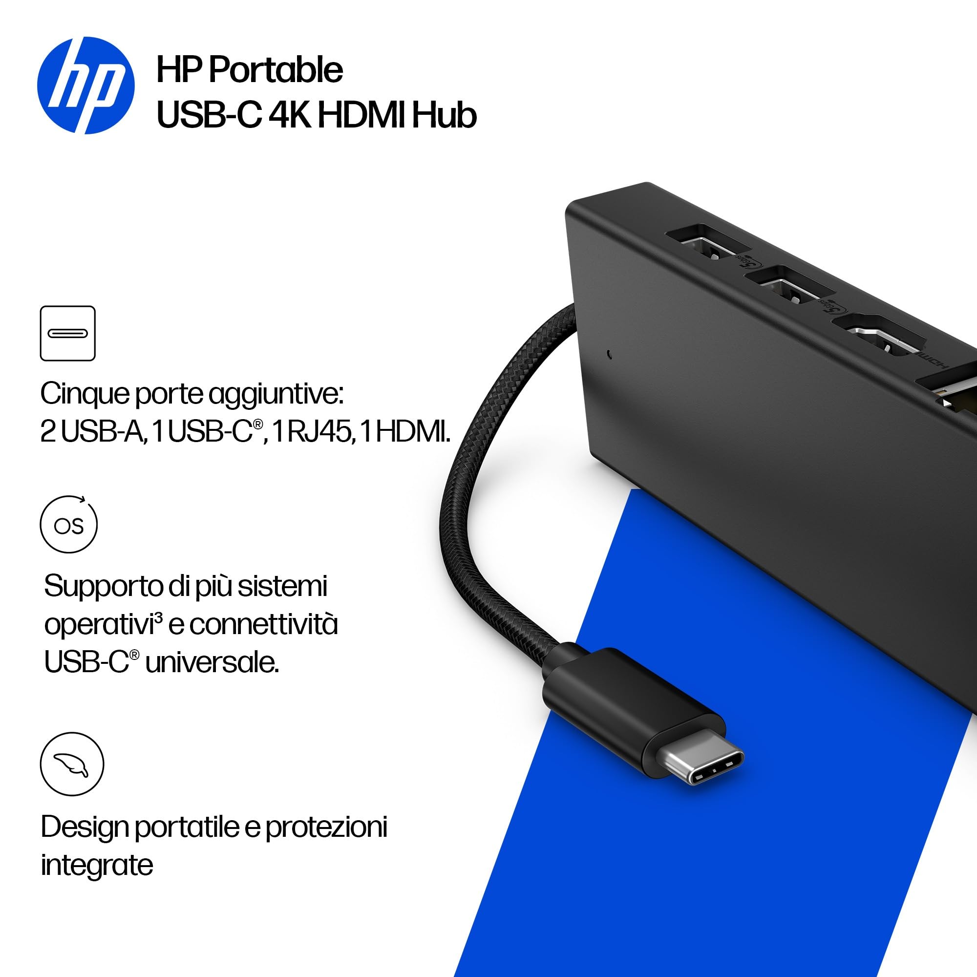 HP USB-C Hub Portatile, 4K HDMI, 5 Porte, HDMI 2.0, Ethernet, PD 65W, Nero | Più connessioni ovunque per professionisti e studenti: collega monitor 4K, rete cablata e accessori con un solo hub USB-C