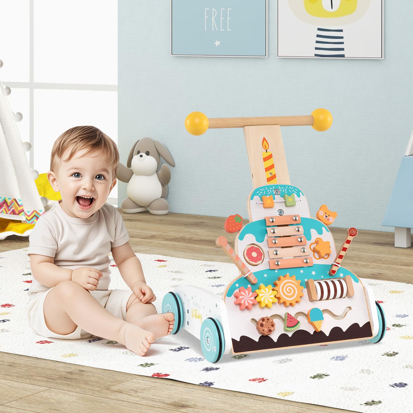 COSTWAY Carrello Primi Passi Spingitore Evolutivo Regolabile in Altezza | Girello in Legno con Xilofono, Blocchi Scorrevoli e Perline Mobili, Centro Attività per Bambini 1+ Anni