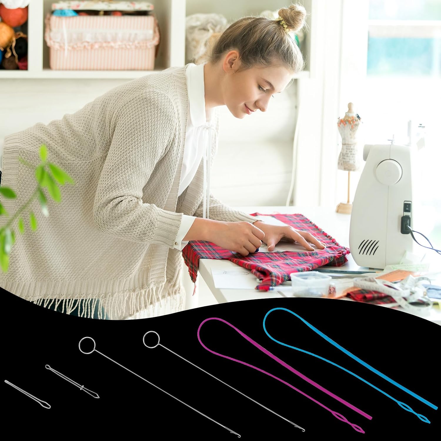 6 pcs Flexible Drawstring Threader Tool, Turning Tool for Sewing, Sewing Loop Kit, Loop Turner Easy Threader Hoodie String Replacement Metal Tweezers Drawstring Puller for Pants, Jackets, Hoodies