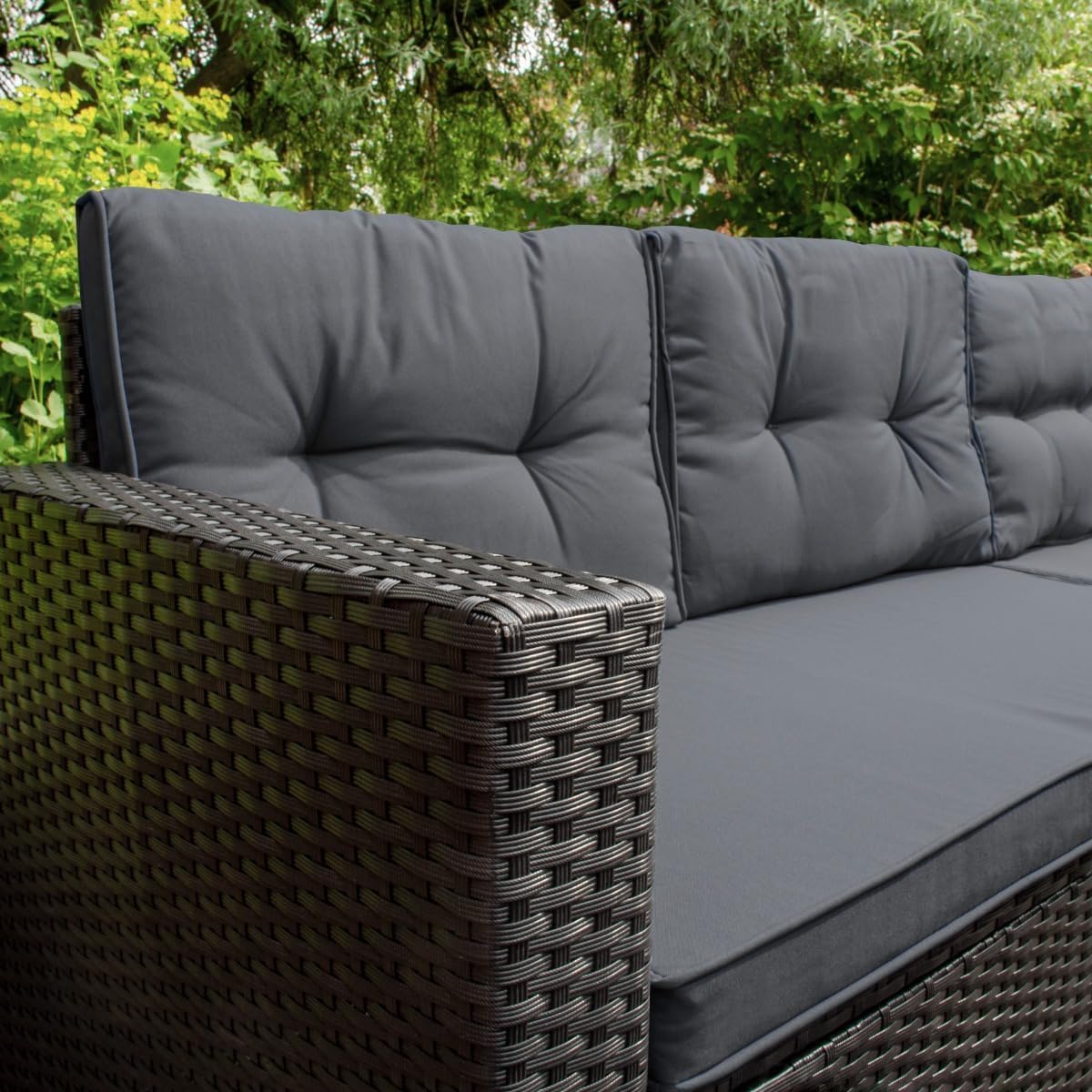 Set pranzo ad angolo in rattan e box da giardino Nero 9 posti a sedere Divano Sgabelli Tavolo in vetro Ampia Cassapanca 582L Telaio in acciaio Resistente ai raggi UV Borsa da trasporto impermeabile