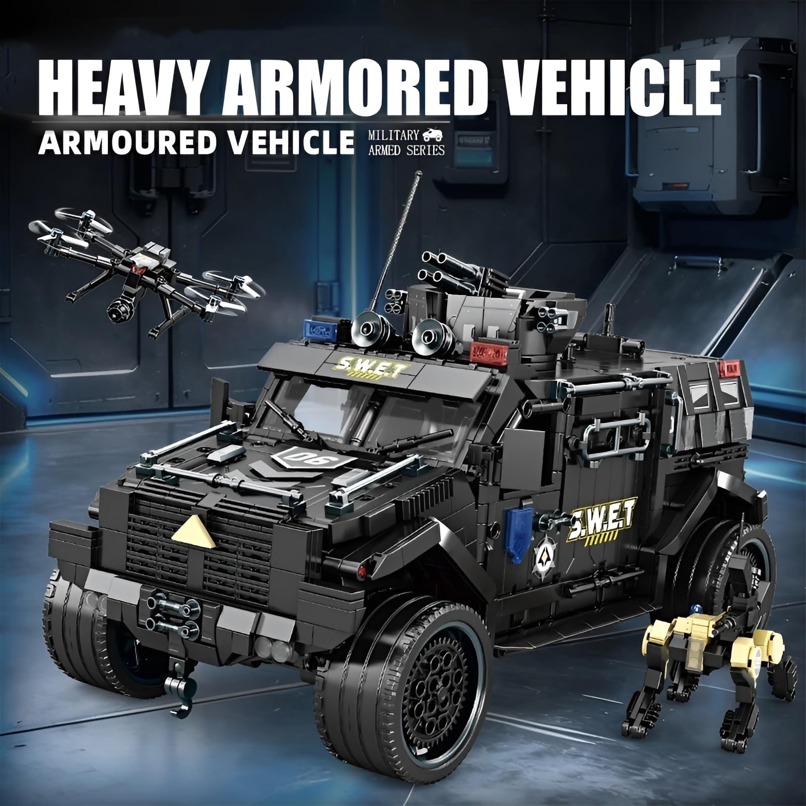 Kit di costruzione per auto della polizia, 1999 pezzi, veicoli corazzati, veicoli fuoristrada pesanti, oggetto decorativo, collezione hobby, idee regalo per gli amanti dell'esercito