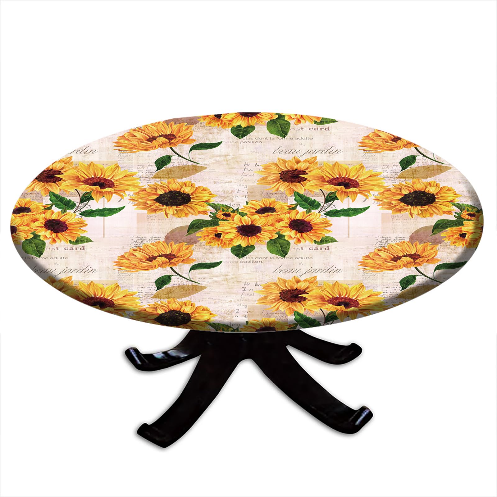 igoga sports Fitted Tablecloth Round with Elastic, Spring Edge Table Cover Pad for Outdoor Picnic Party or Indoor Kitchen Patio Dining Table Decor Fits Tables Up to 56'' Diameter, V-sunflower