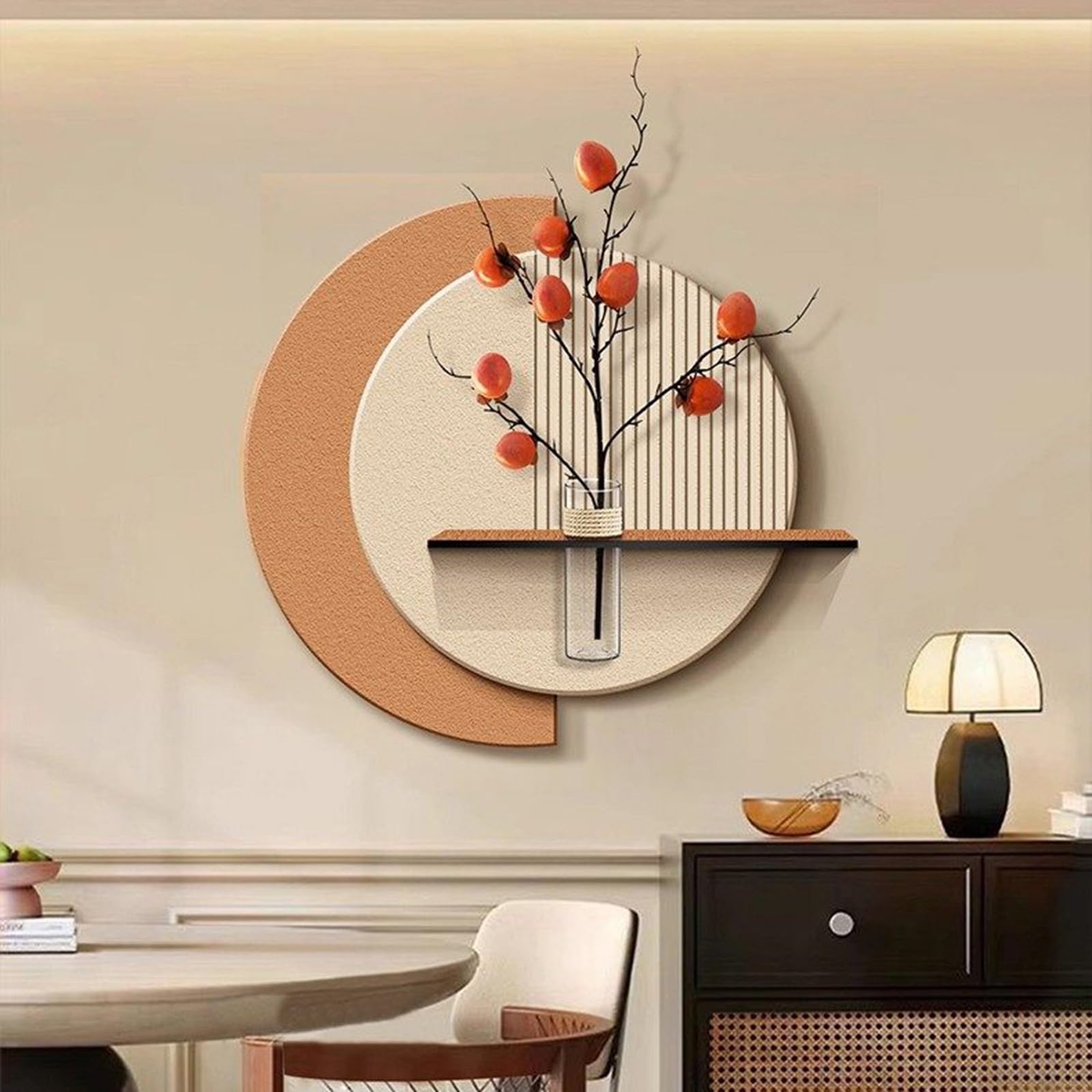 MESCXTY 3D Sandstone Wall Art Decor with Persimmon Vase, Handcrafted Layered Sculpture Glass Test Tube & Faux Fruit Branches, Modern New Chinese Aesthetic Hanging Mural(Orange,23.6 * 23.6in)