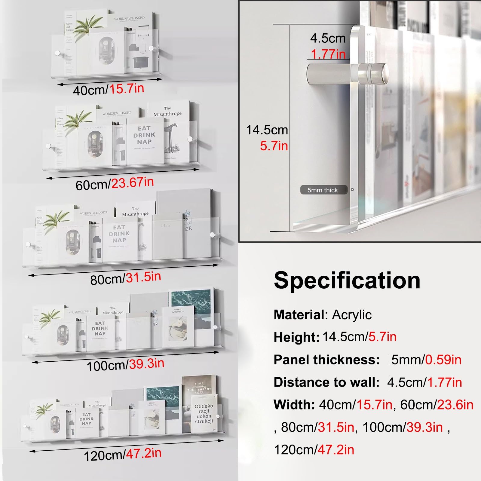2Er-Pack Schwebende Acryl-Prospekthalter, Wandmontierter Zeitschriftenständer Für Homeoffice, Wartezimmer/Empfangsbereich/Lounge/Schönheitssalon, Transparenter Prospektst-Brown-L 120cm/47.2in