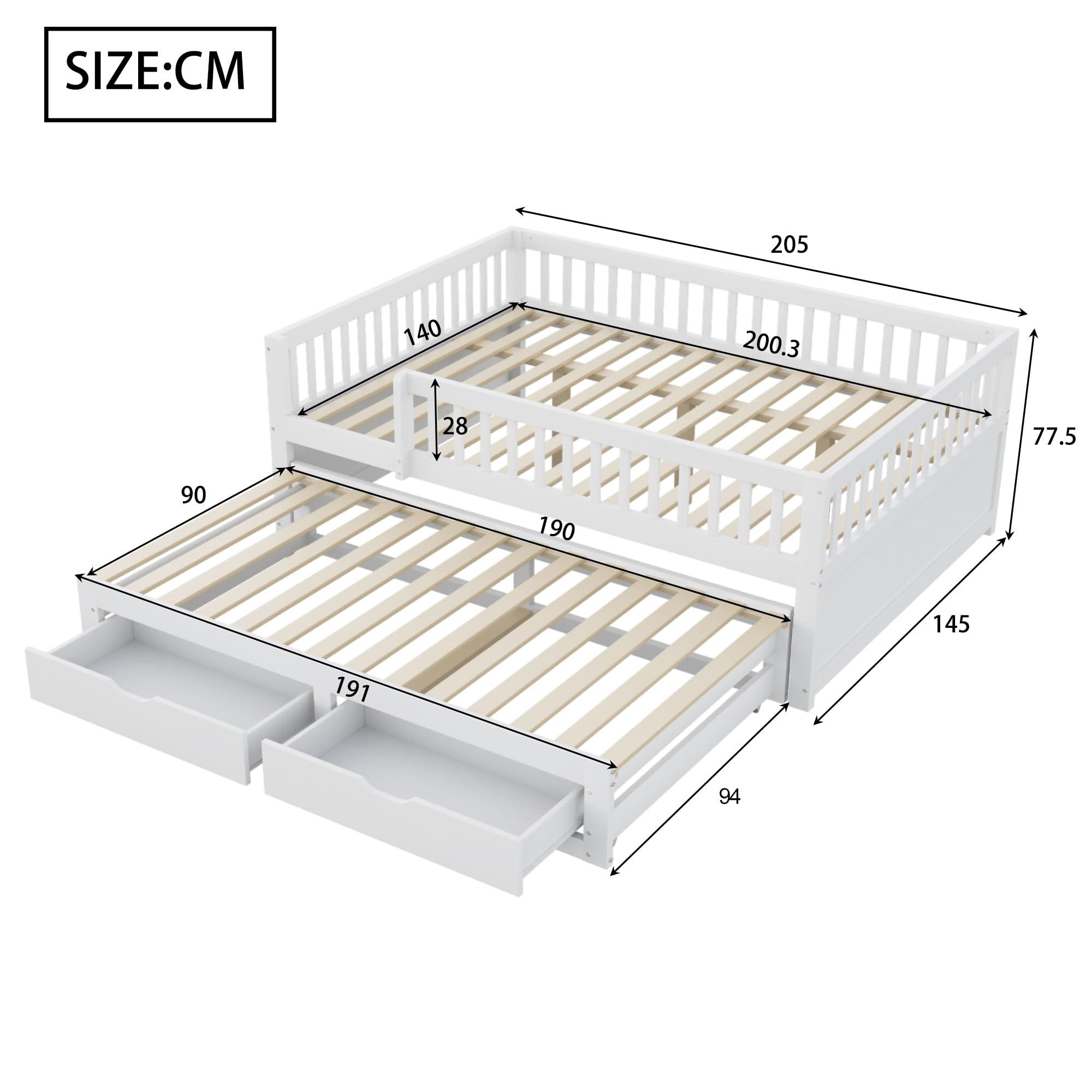 Sofa do spania z litego drewna 140 x 200 cm, w pełni wyściełana kratka bezpieczeństwa, wysuwane łóżko z 2 szufladami pod spodem, ze stelażem, łóżko dziecięce, łóżko młodzieżowe, łóżko dla