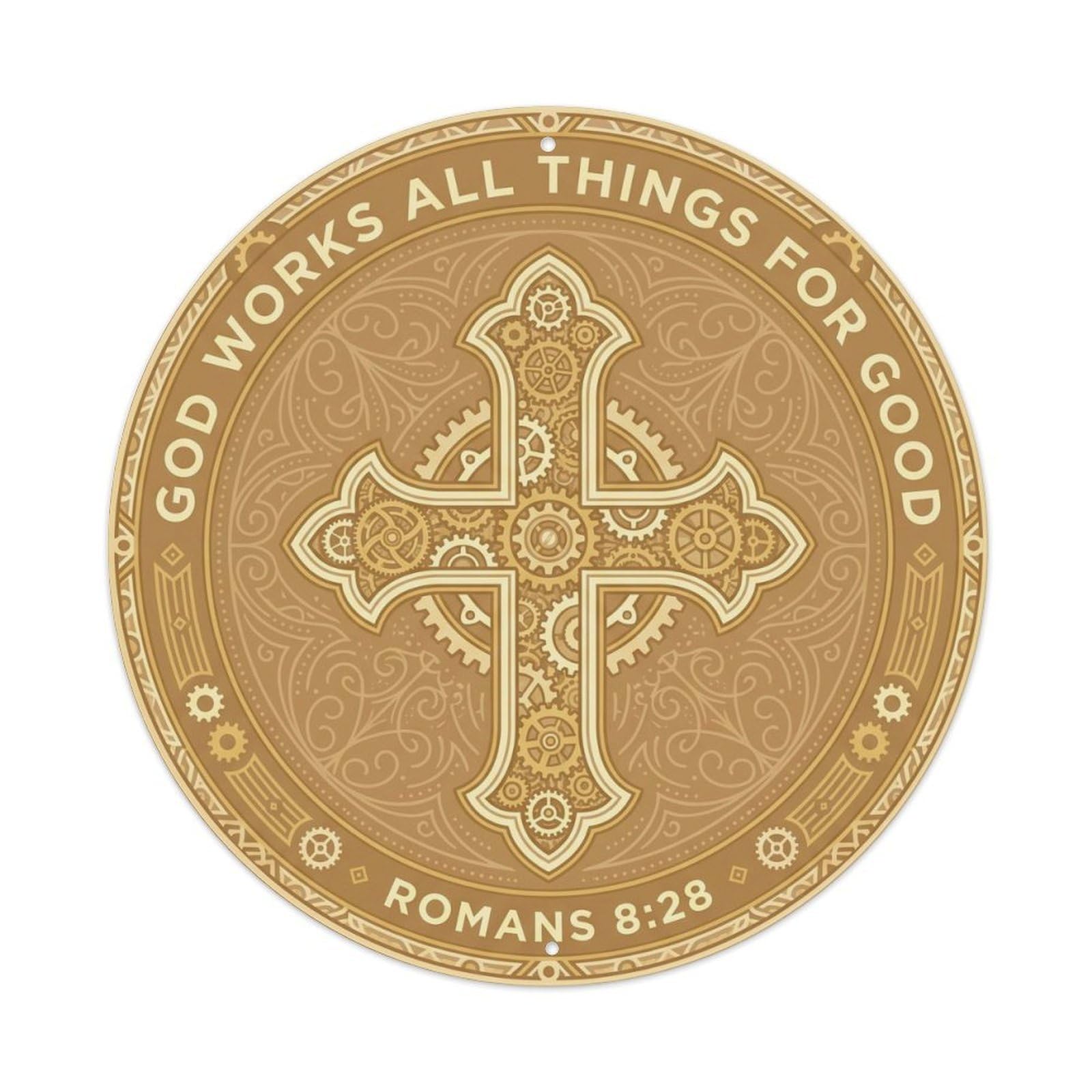 Christian Scripture Golden Wreath Multilingual Verse Metal Tin Sign Plaque Wall Decor for Cafe, Man Cave, Club Bar, Office, Home Garden Round Metal Poster 8x8Inch