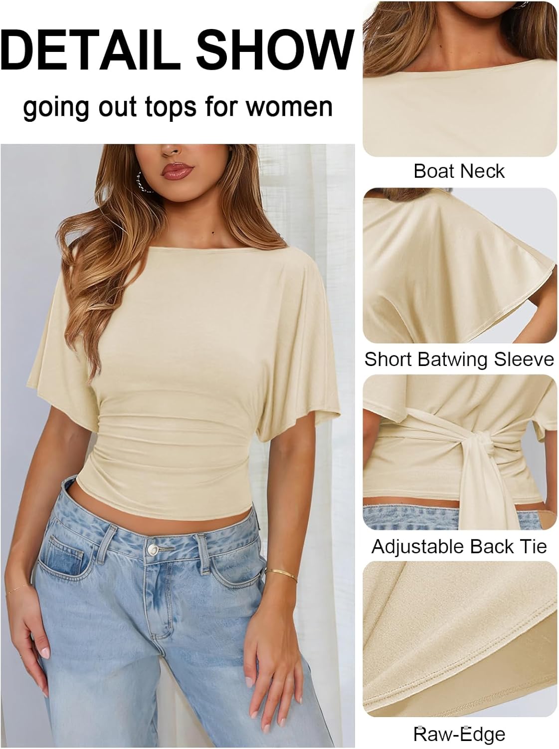 Womens Boat Neck Batwing Tops for Women Cinched Waist Top Tie Back Short Sleeve Shirts Business Casual Clothing - Image 4
