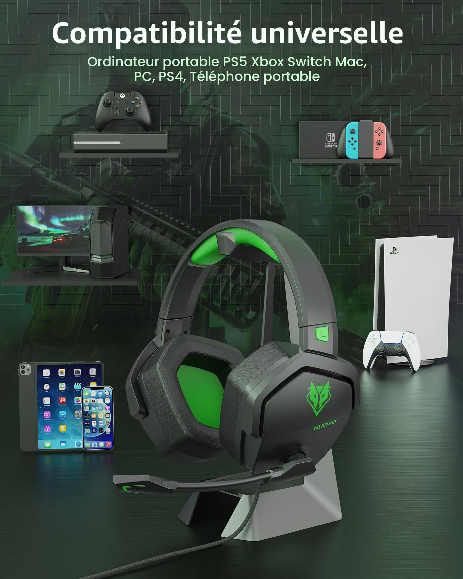 NUBWO N16 Casque Gaming - Micro Annulant Le Bruit, Son Stéréo et Conception Confortable pour PS5, PS4, Xbox One, NS, PC, Ordinateur Portable et Mac - Vert