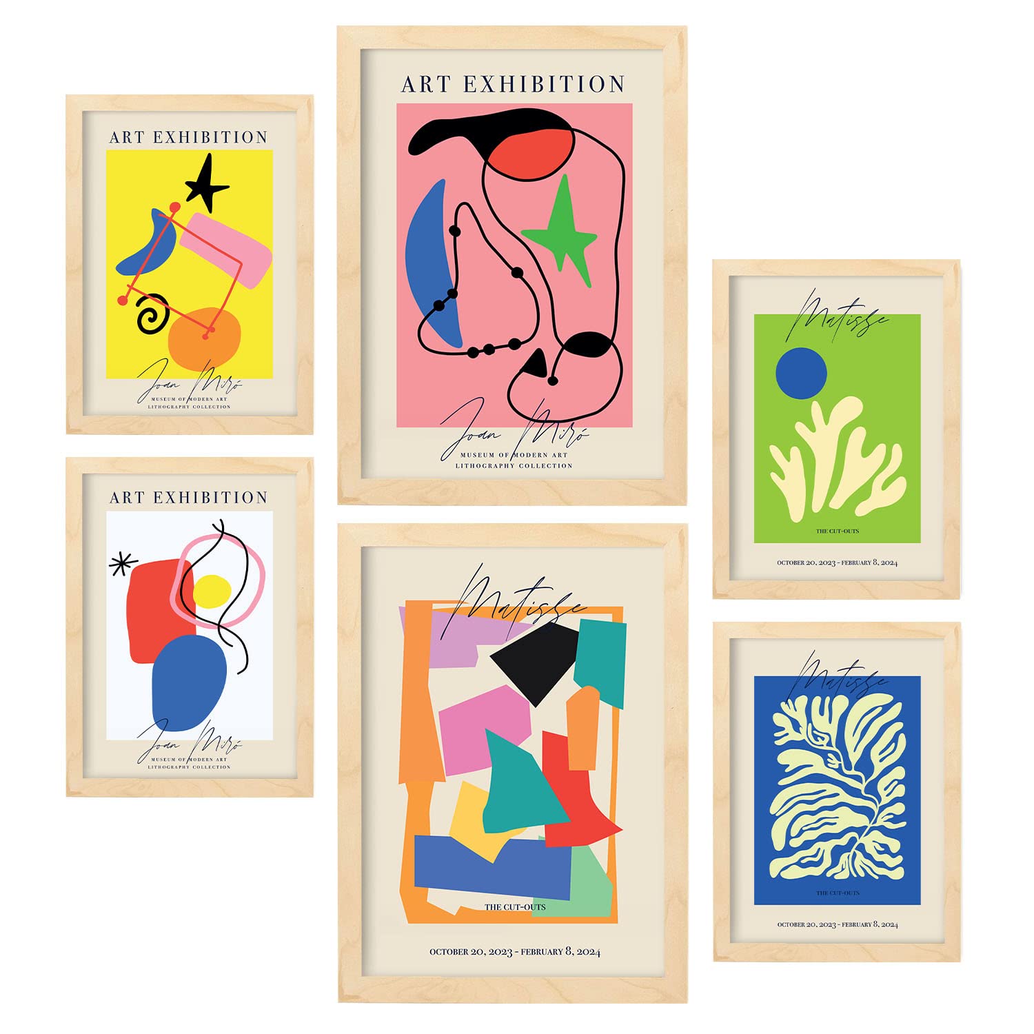 Nacnic Set of 6 posters Art Exibition. Collection of posters in collage aesthetic for interior decoration. Sizes A3 and A4. Light wood frames.