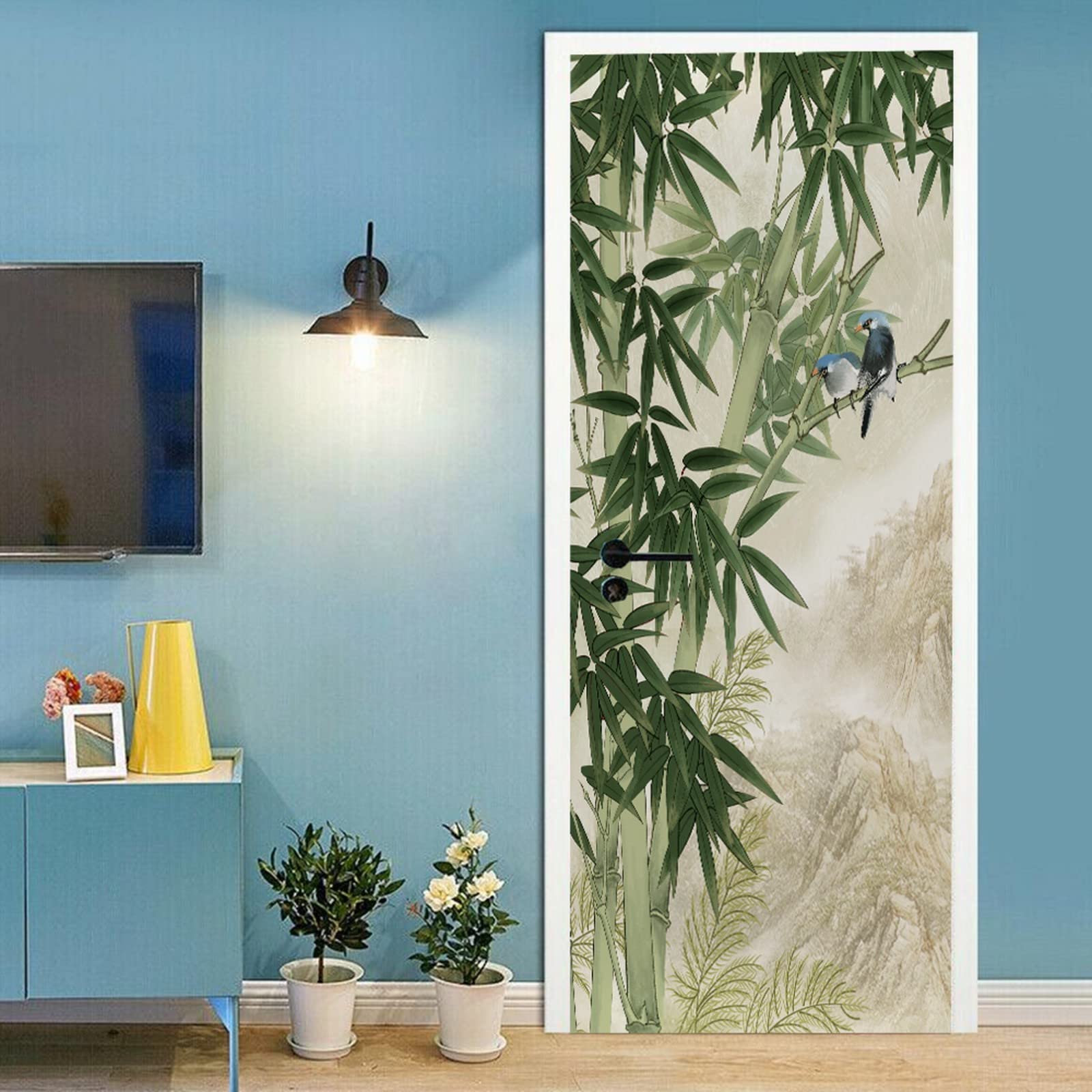 A.Monamour Adesivo Porta Autoadesiva 3D Uccelli Su Bambù Verde Disegno Sullo Sfondo Del Paesaggio Di Montagna Vinile PVC Adesivi per Porte Interne Pellicola Adesiva Poster Sticker Murale Parete