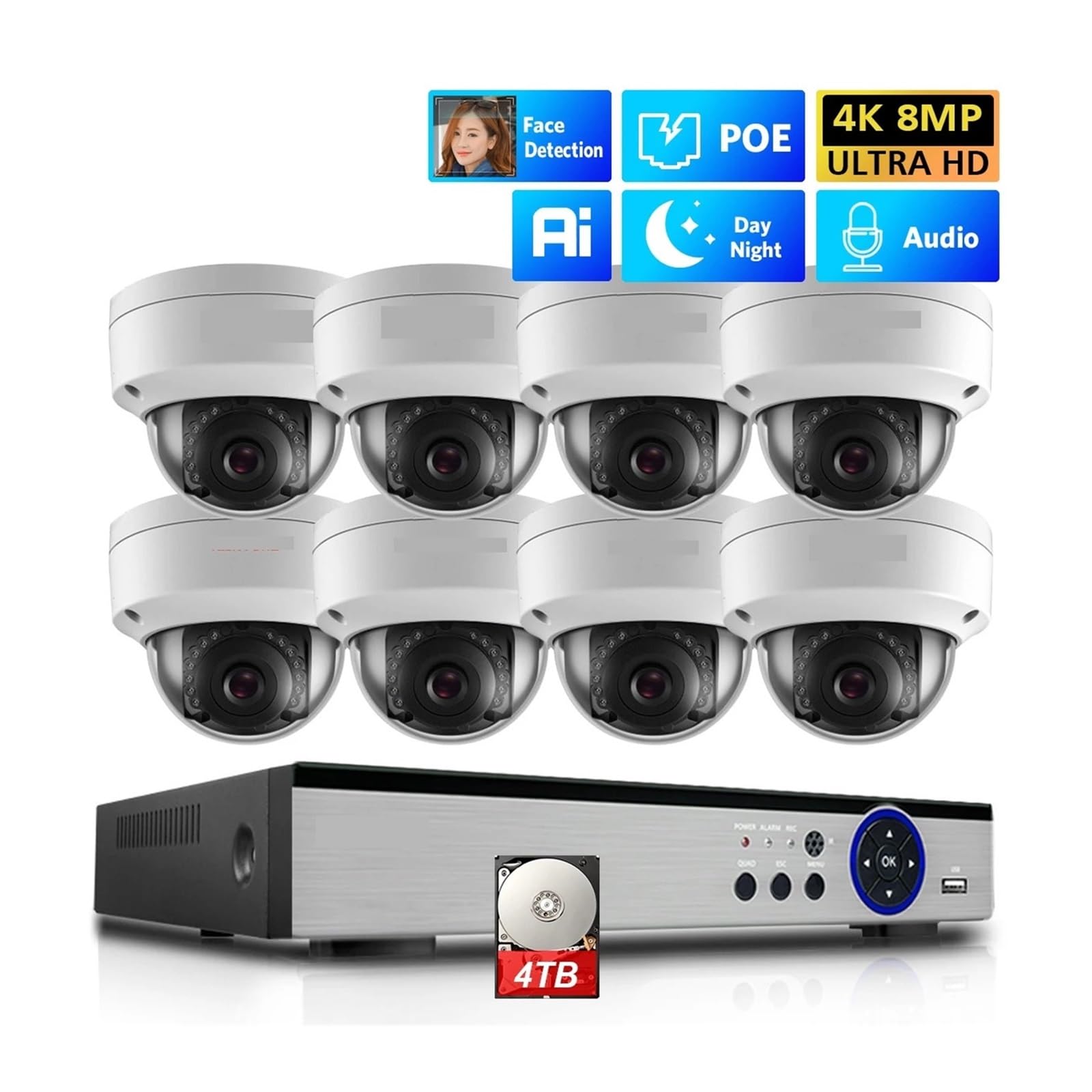 Zestaw 8-kanałowy POE NVR 4K AI Kamera Bezpieczeństwa Z Detekcją Twarzy Nagrywanie Dźwięku Wewnątrz Zewnątrz Kopuła Wodoodporny Do Monitoringu Wideo P2P(None,4CH NVR x 2PCS 2K)