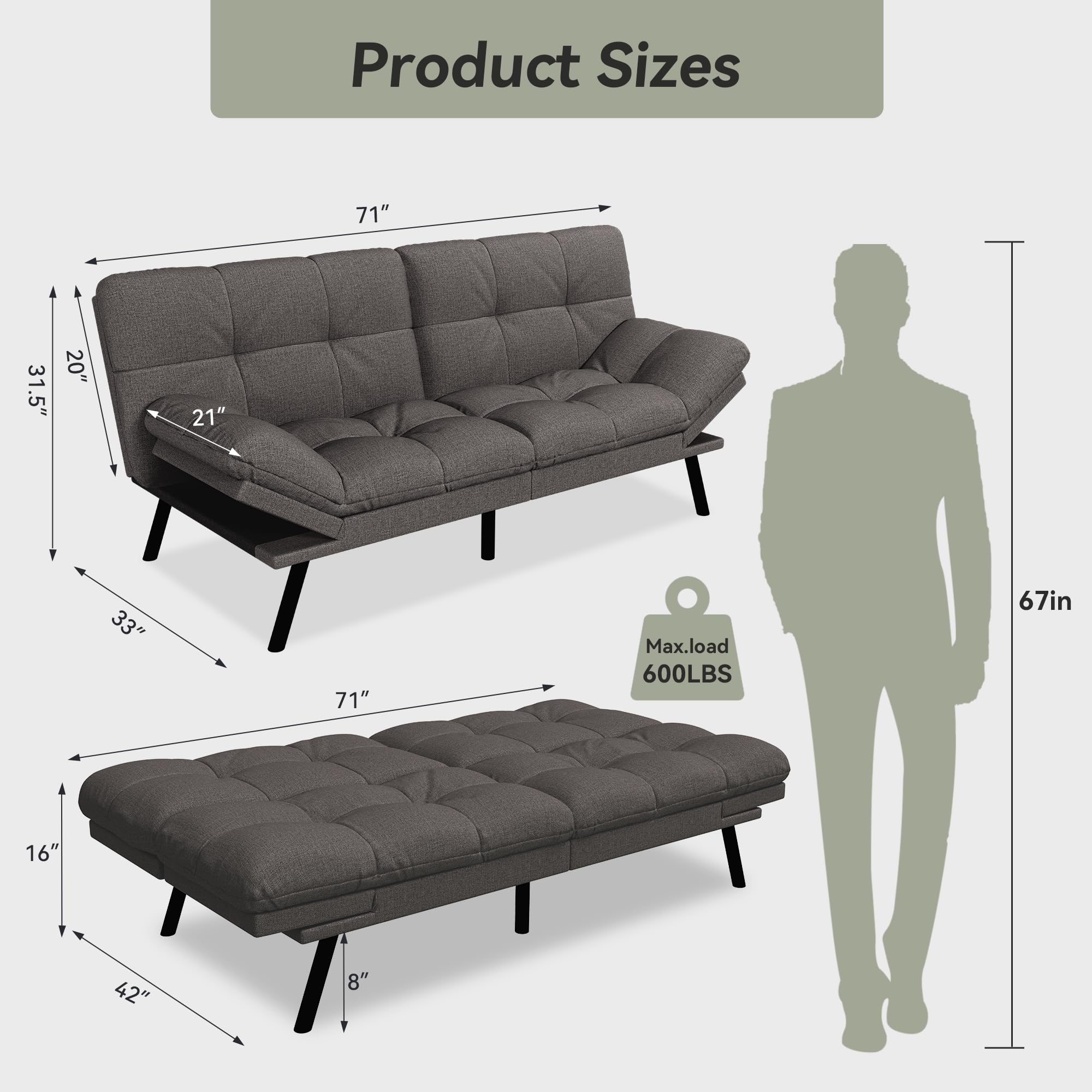 Convertible Futon Sofa Bed,Grey Linen Modern Futon Couch,Memory Foam Loveseat Sleeper Recliner,Detachable Cushion,Adjustable Backrest & Armrest,Couch for Living Room,Office,Apartment