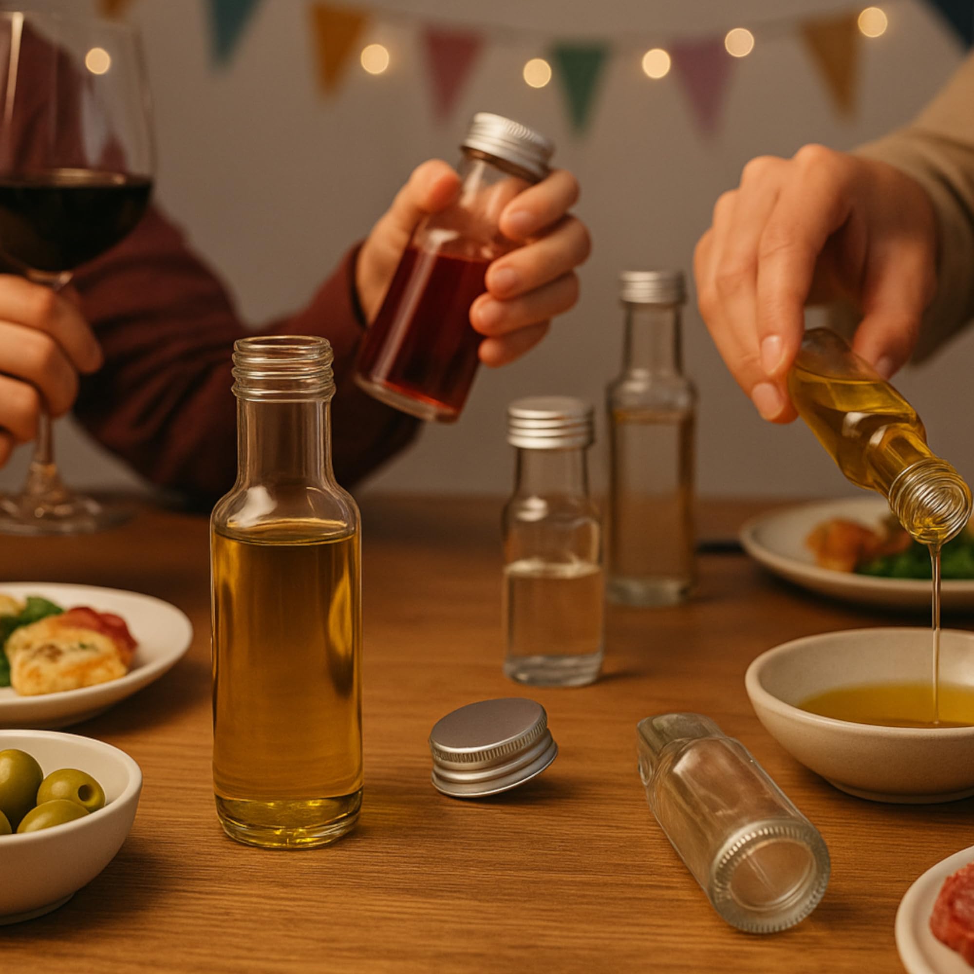 gouveo Lot de 48 bouteilles en verre Dorica (0,10 l) avec bouchon à vis PP 31.5 doré, flacons ronds transparents à remplir pour huile, vinaigre, liqueur, sirop, spiritueux (DFT100G)